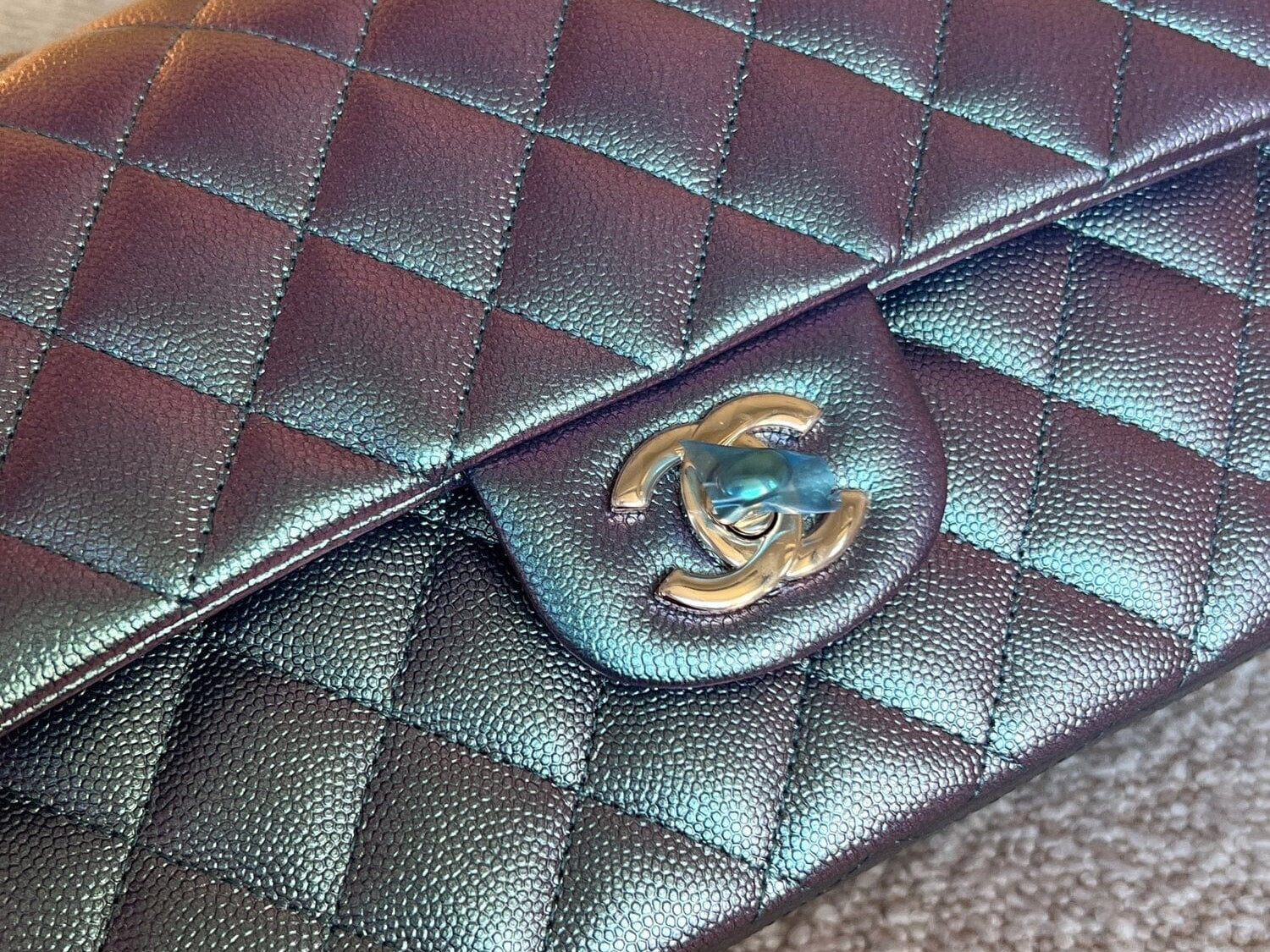 CHANEL Handbag 22P Iridescent Purple Caviar Quilted Medium Double Flap - Redeluxe