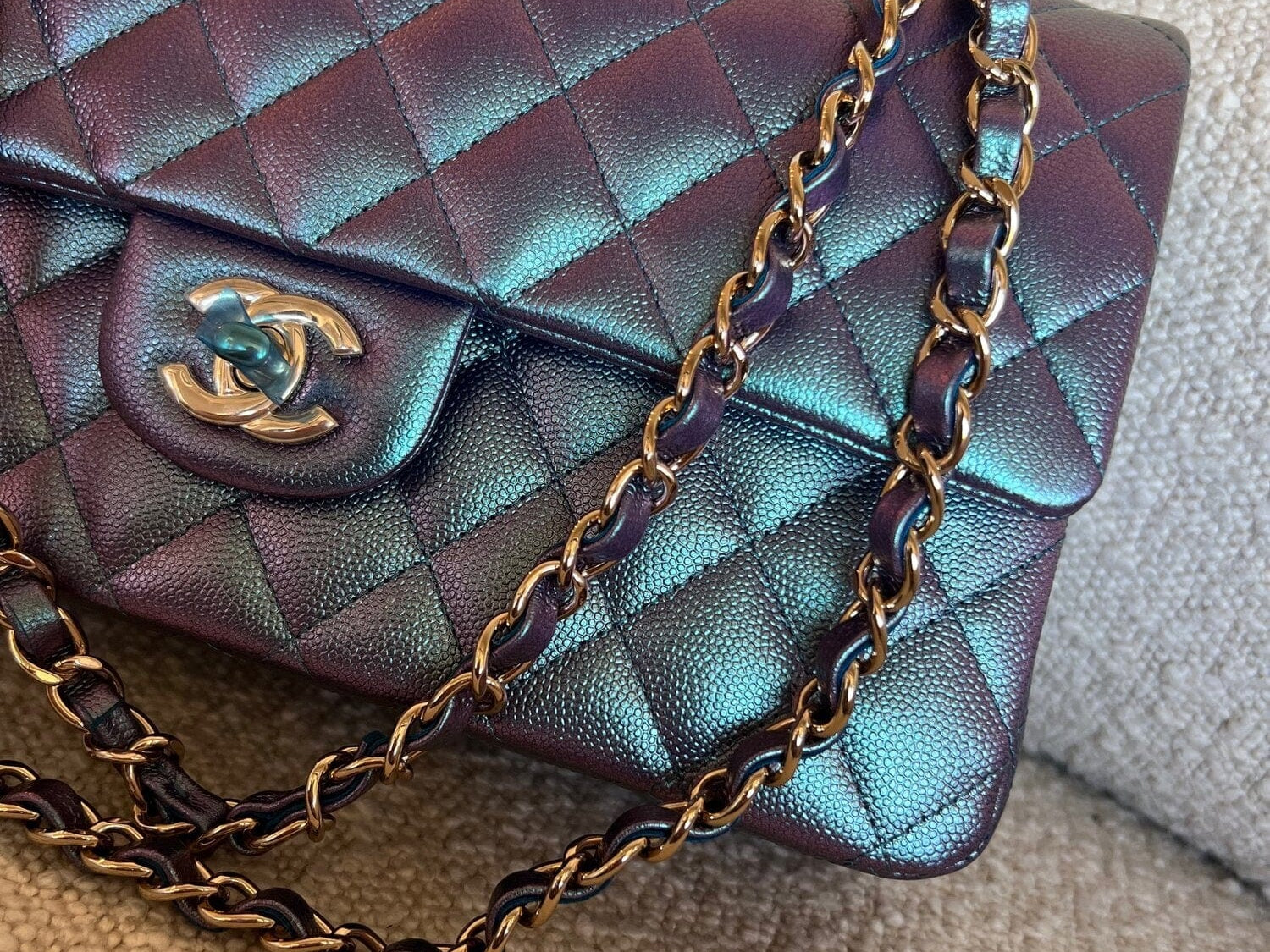 CHANEL Handbag 22P Iridescent Purple Caviar Quilted Medium Double Flap - Redeluxe