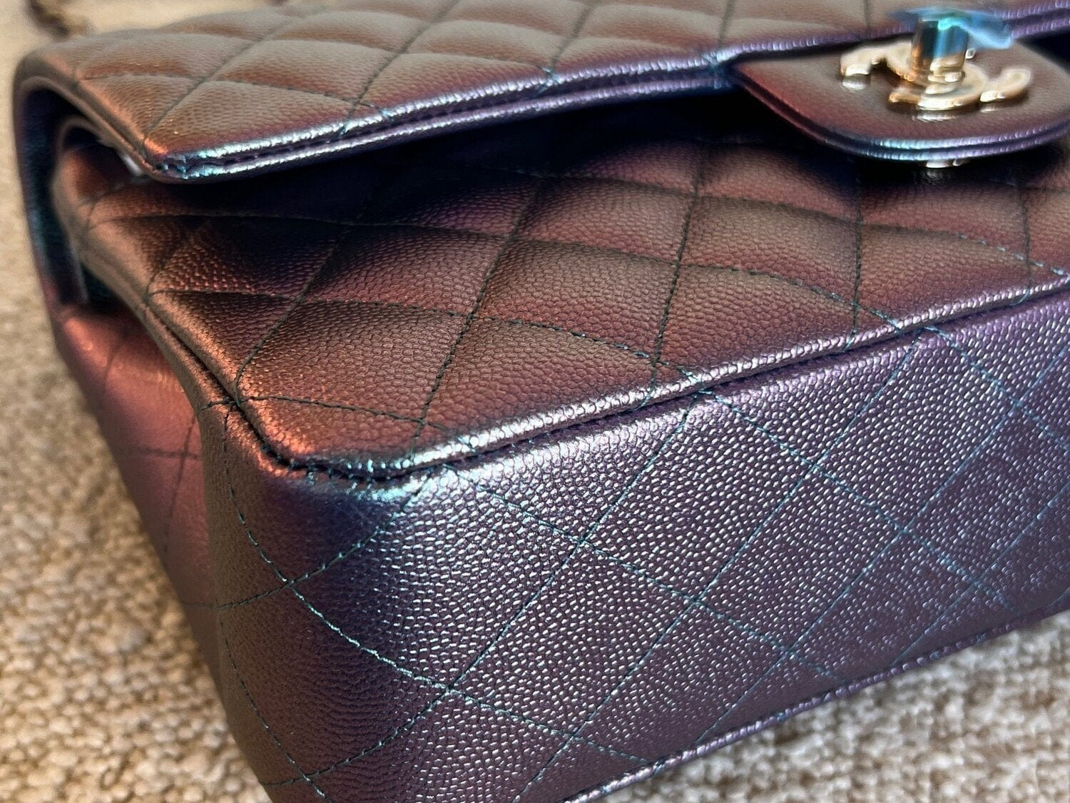 CHANEL Handbag 22P Iridescent Purple Caviar Quilted Medium Double Flap - Redeluxe