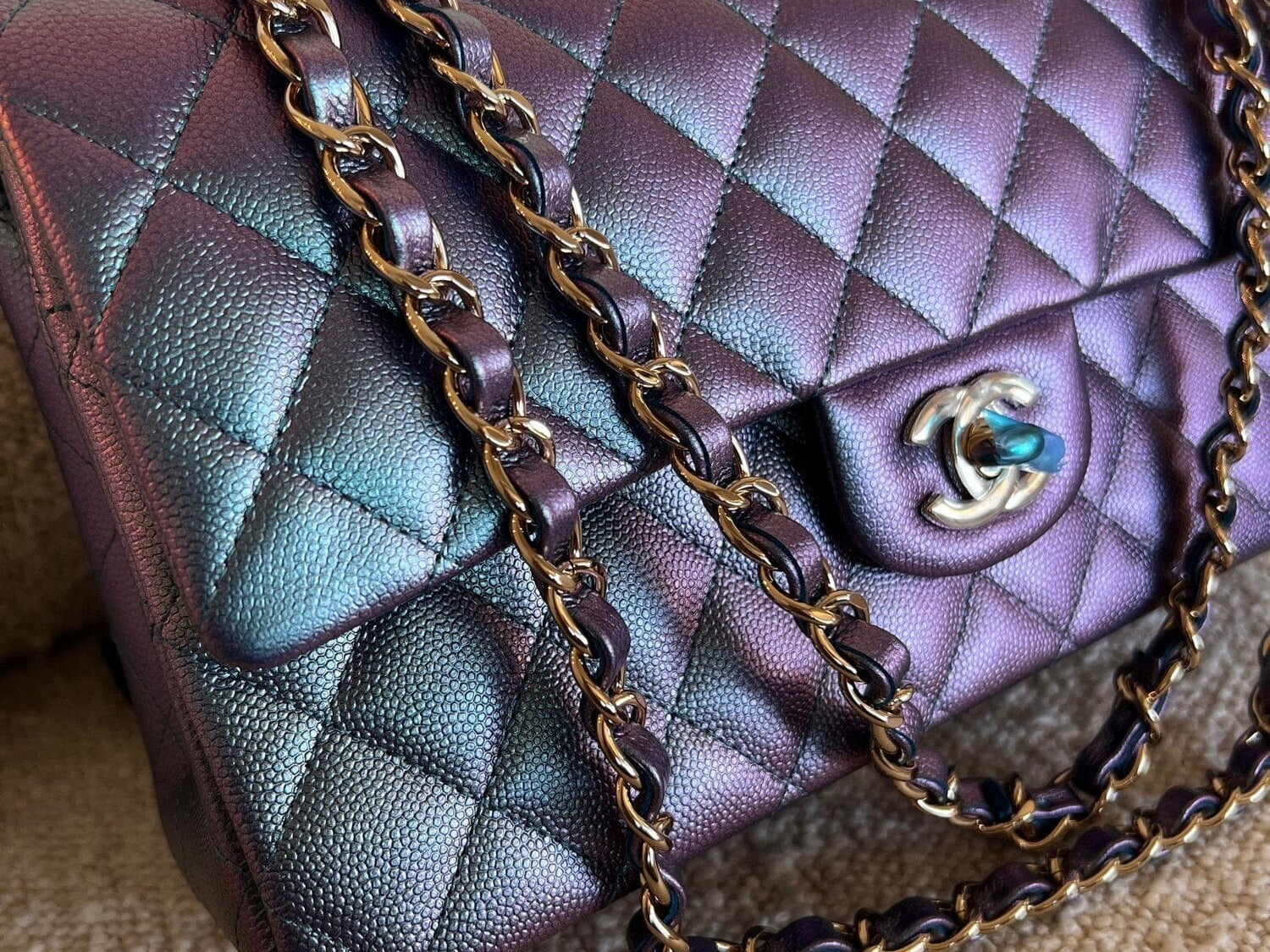 CHANEL Handbag 22P Iridescent Purple Caviar Quilted Medium Double Flap - Redeluxe