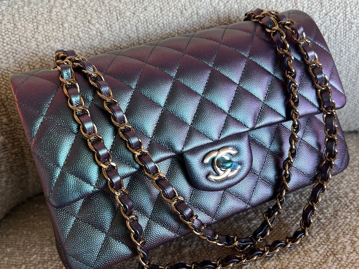 CHANEL Handbag 22P Iridescent Purple Caviar Quilted Medium Double Flap - Redeluxe