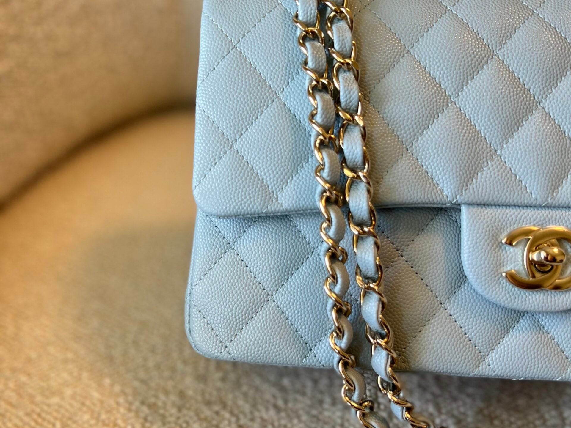 CHANEL Handbag 22P Light Blue Caviar Quilted Classic Flap Medium LGHW - Redeluxe
