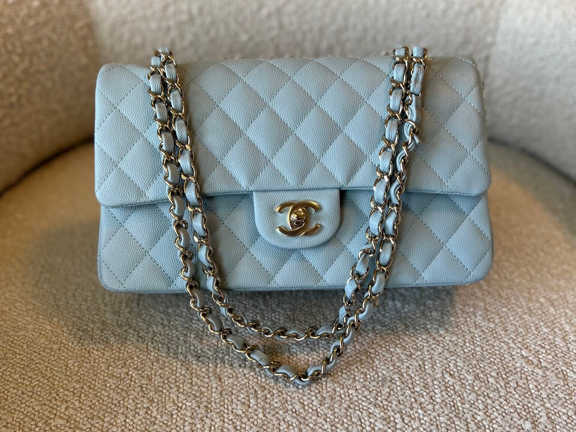 CHANEL Handbag 22P Light Blue Caviar Quilted Classic Flap Medium LGHW - Redeluxe