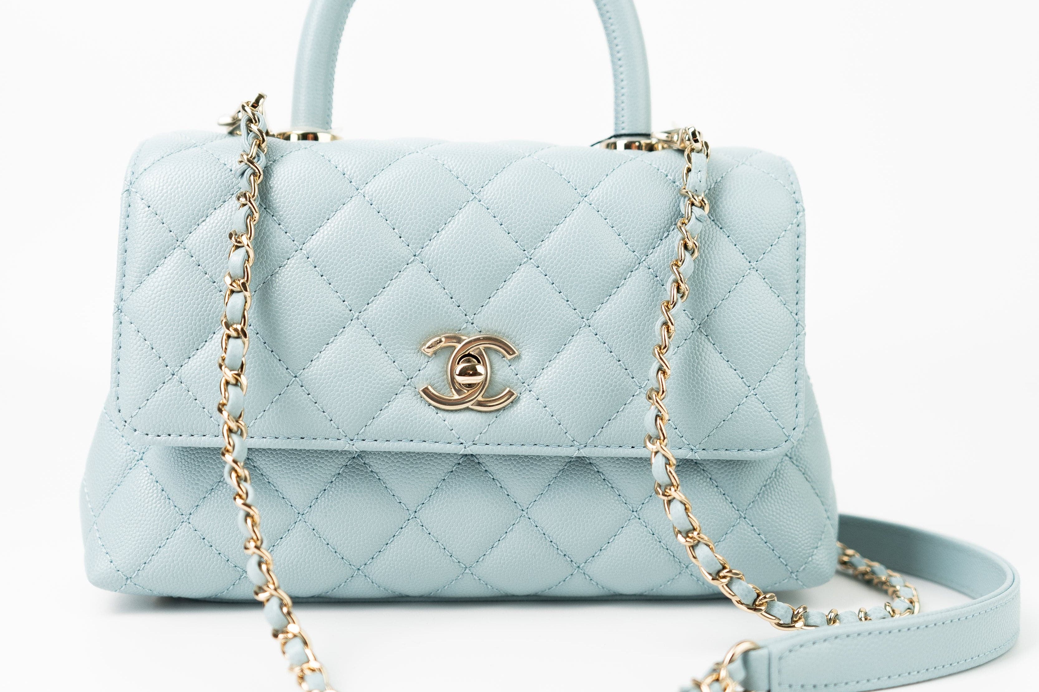 CHANEL Handbag 22P Light Blue Caviar Quilted Coco Handle Small LGHW - Redeluxe