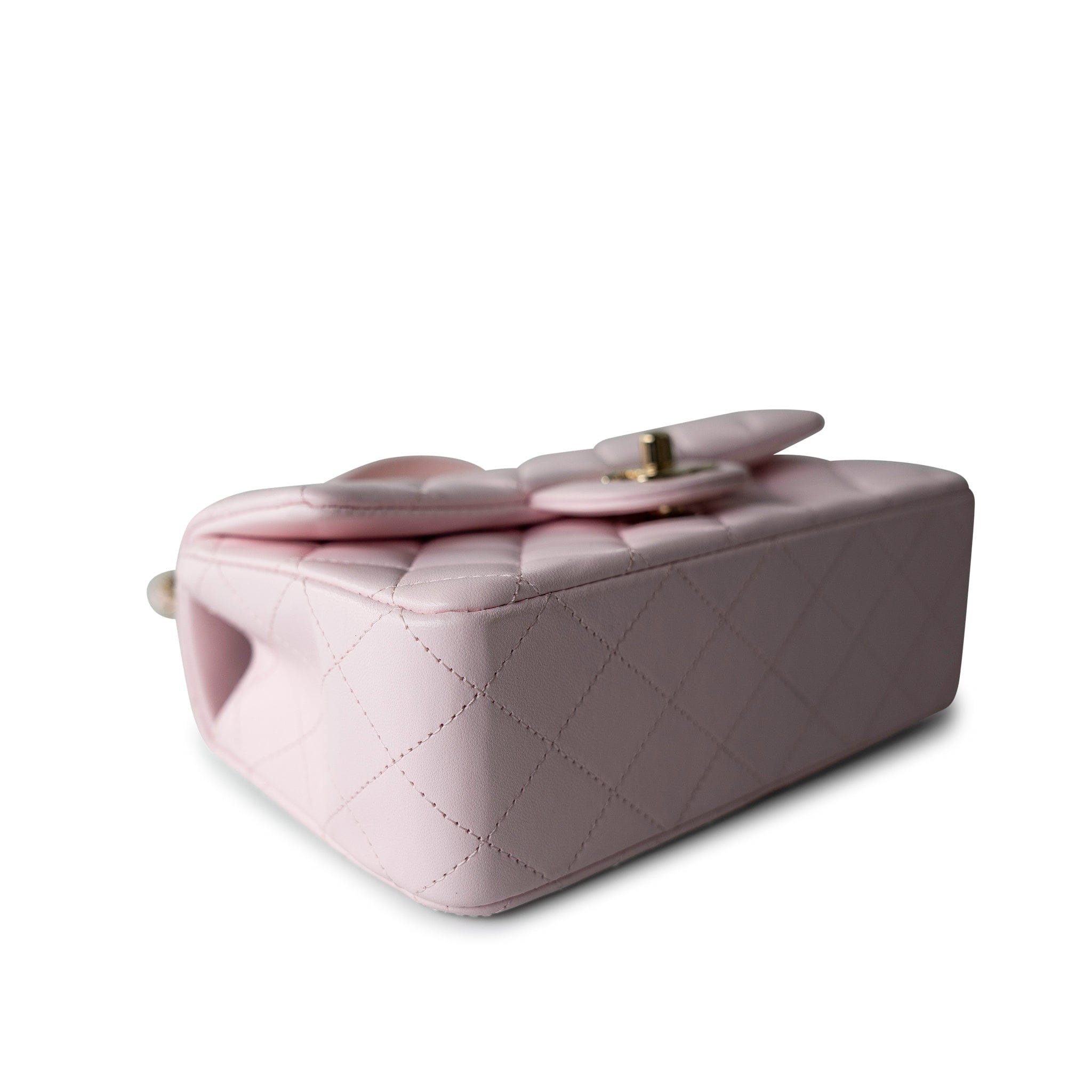 CHANEL Handbag 22P Light Pink Mini Top Handle Lambskin Quilted Light Gold Hardware - Redeluxe