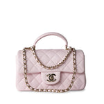 CHANEL Handbag 22P Light Pink Mini Top Handle Lambskin Quilted Light Gold Hardware - Redeluxe