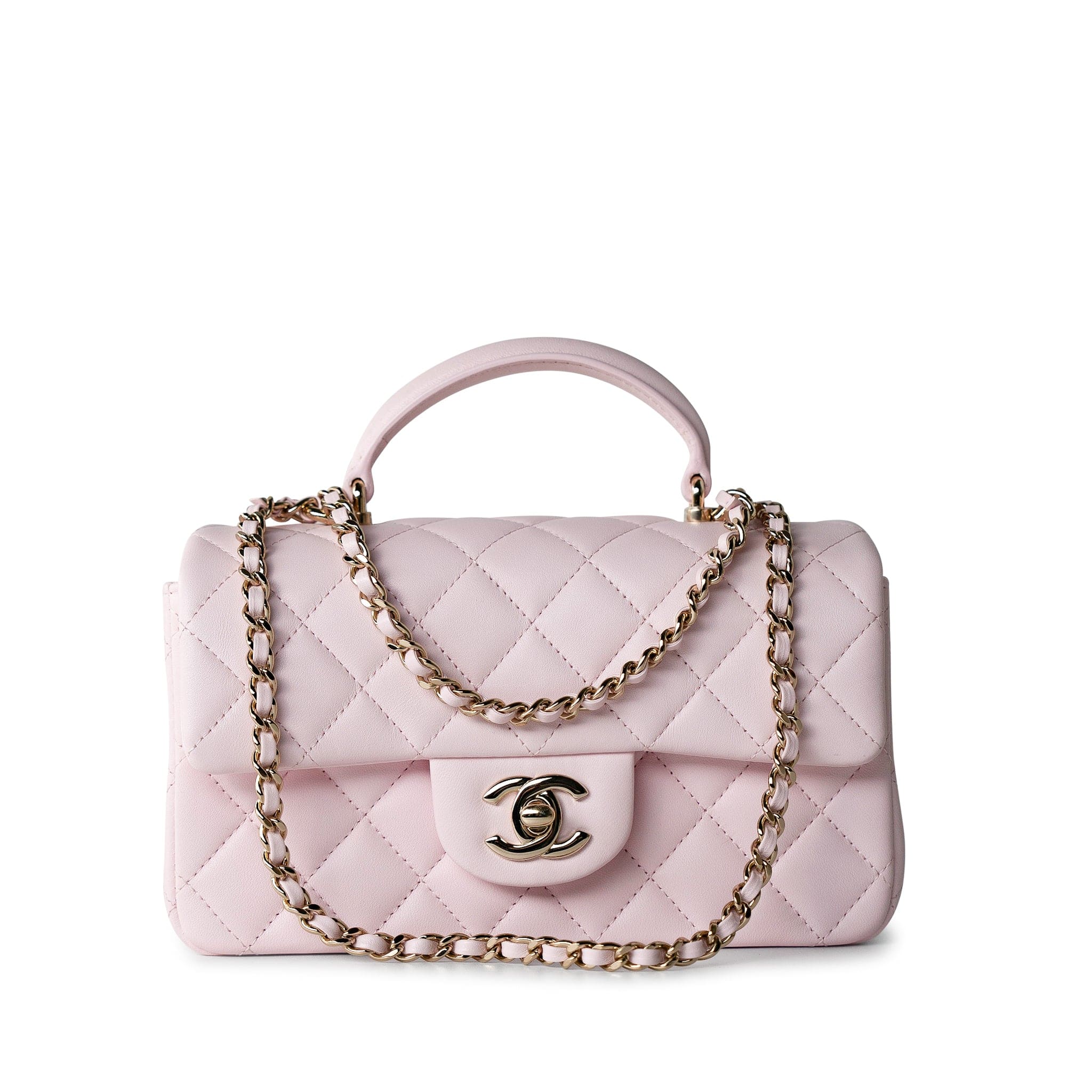 CHANEL Handbag 22P Light Pink Mini Top Handle Lambskin Quilted Light Gold Hardware - Redeluxe