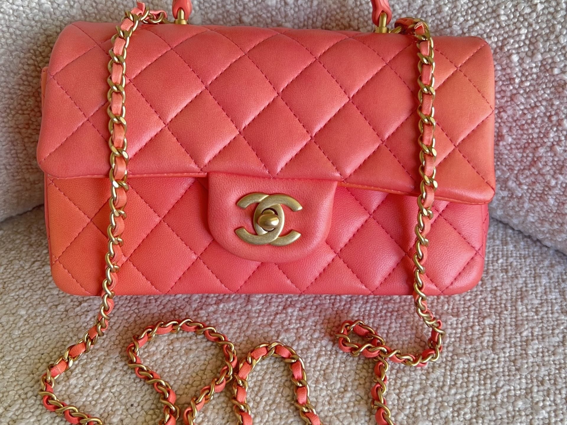 CHANEL Handbag 22P Pink/Orange Mini Lambskin Quilted with Top handle Rectangular LGHW - Redeluxe