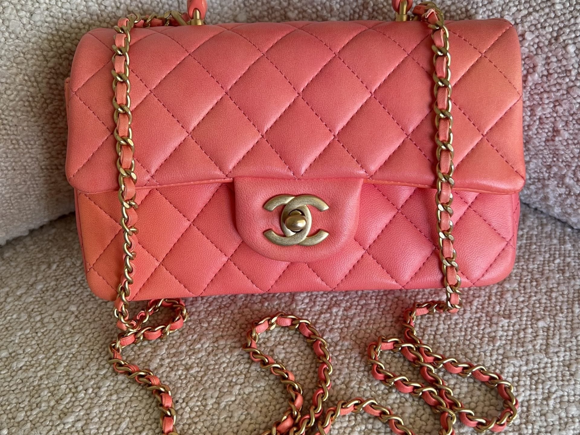 CHANEL Handbag 22P Pink/Orange Mini Lambskin Quilted with Top handle Rectangular LGHW - Redeluxe