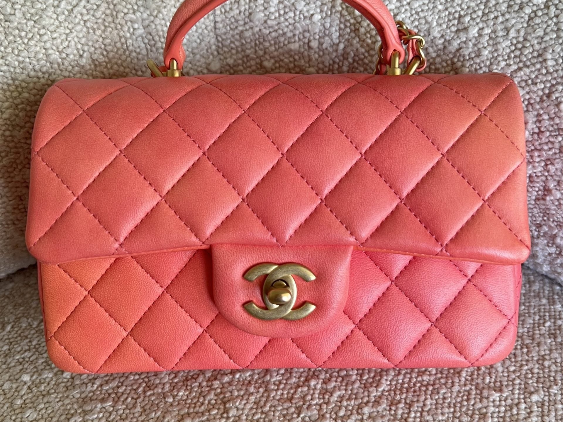 CHANEL Handbag 22P Pink/Orange Mini Lambskin Quilted with Top handle Rectangular LGHW - Redeluxe