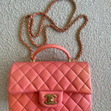 CHANEL Handbag 22P Pink/Orange Mini Lambskin Quilted with Top handle Rectangular LGHW - Redeluxe