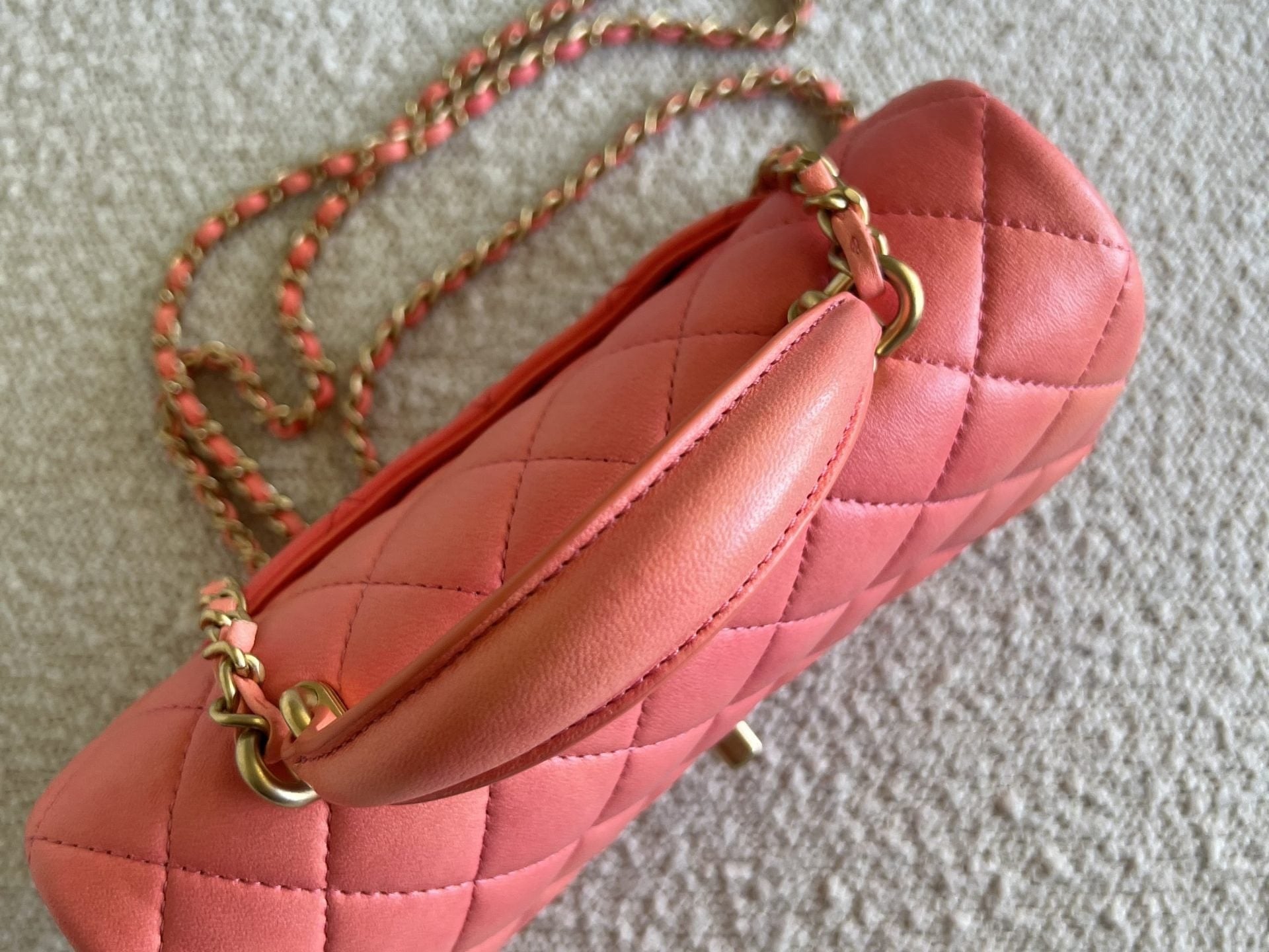 CHANEL Handbag 22P Pink/Orange Mini Lambskin Quilted with Top handle Rectangular LGHW - Redeluxe