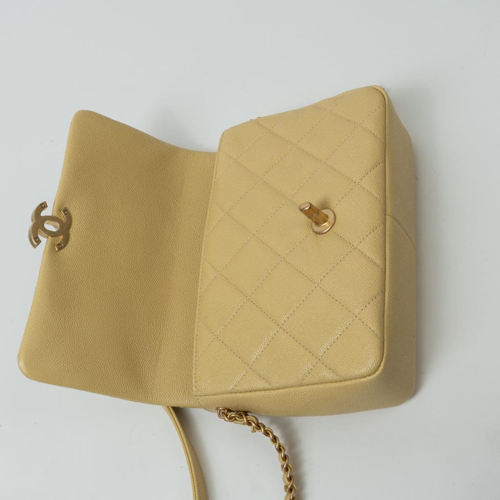 CHANEL Handbag 22P Shiny Yellow Caviar Quilted Small Chain Melody Flap - Redeluxe