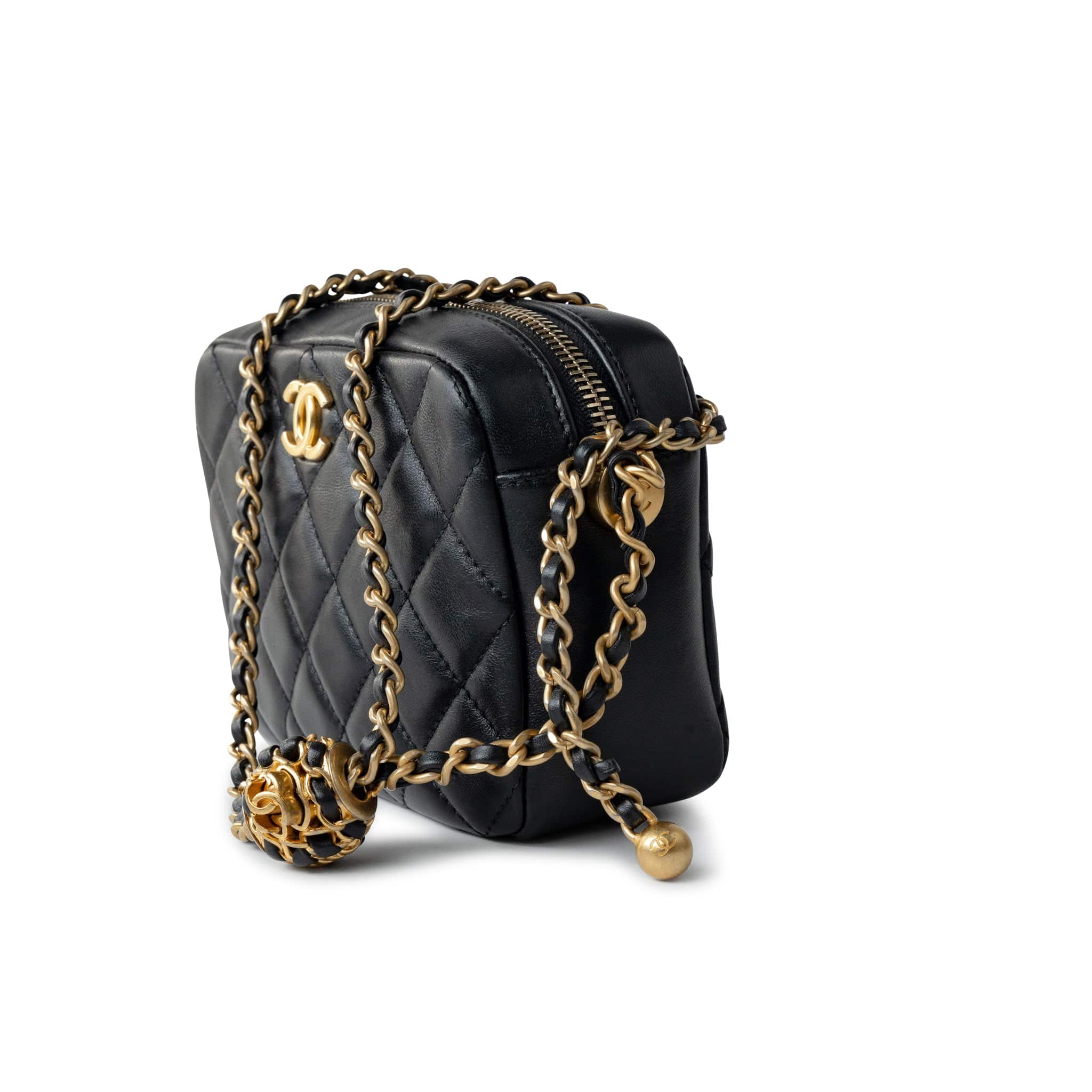 CHANEL Handbag 22S Black Lambskin Quilted Camera Case Aged Gold Hardware / Gold Interior - Redeluxe