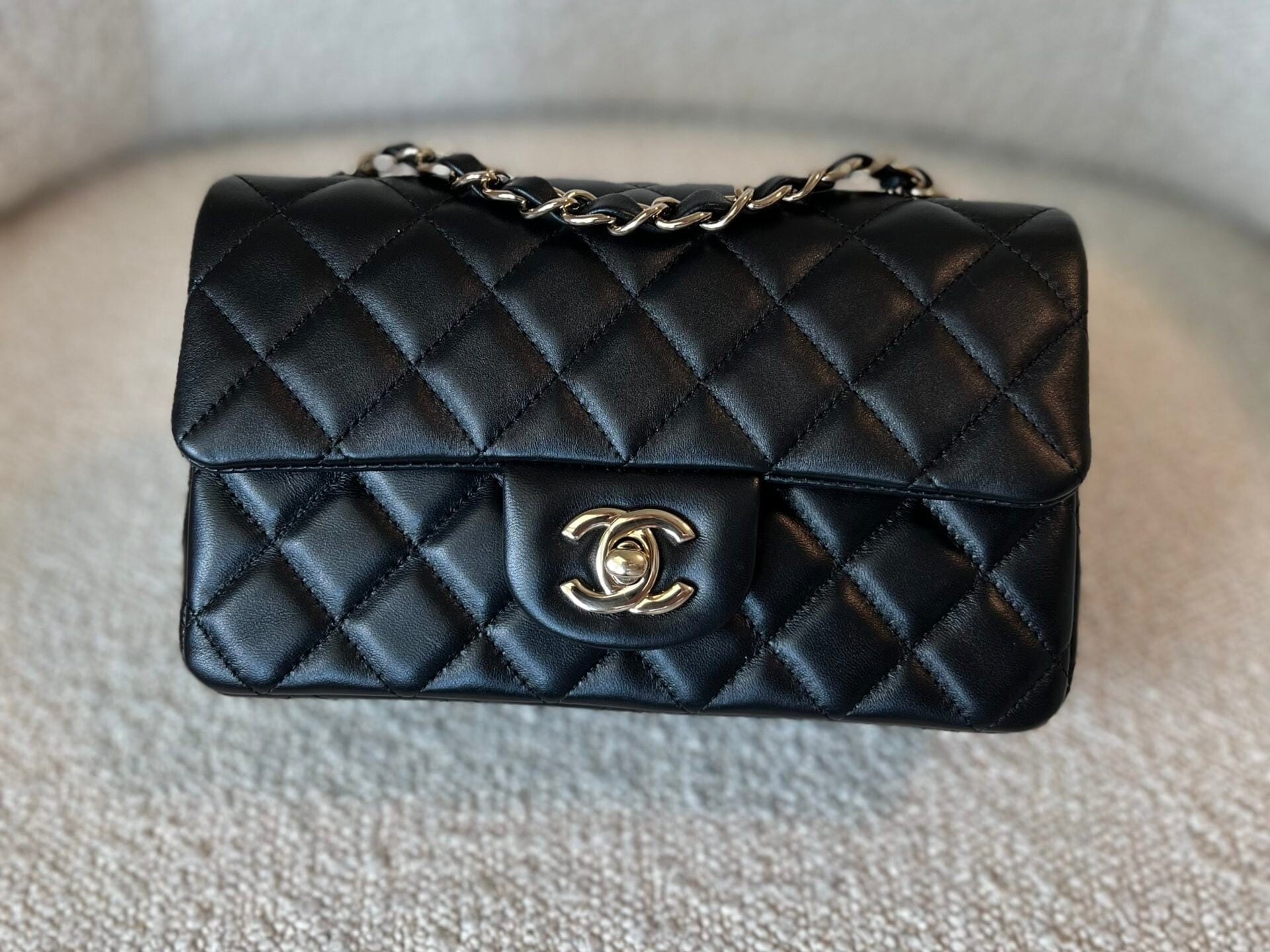 CHANEL Handbag 22S Black Lambskin Quilted Mini Rectangular Single Flap Light Gold Hardware - Redeluxe