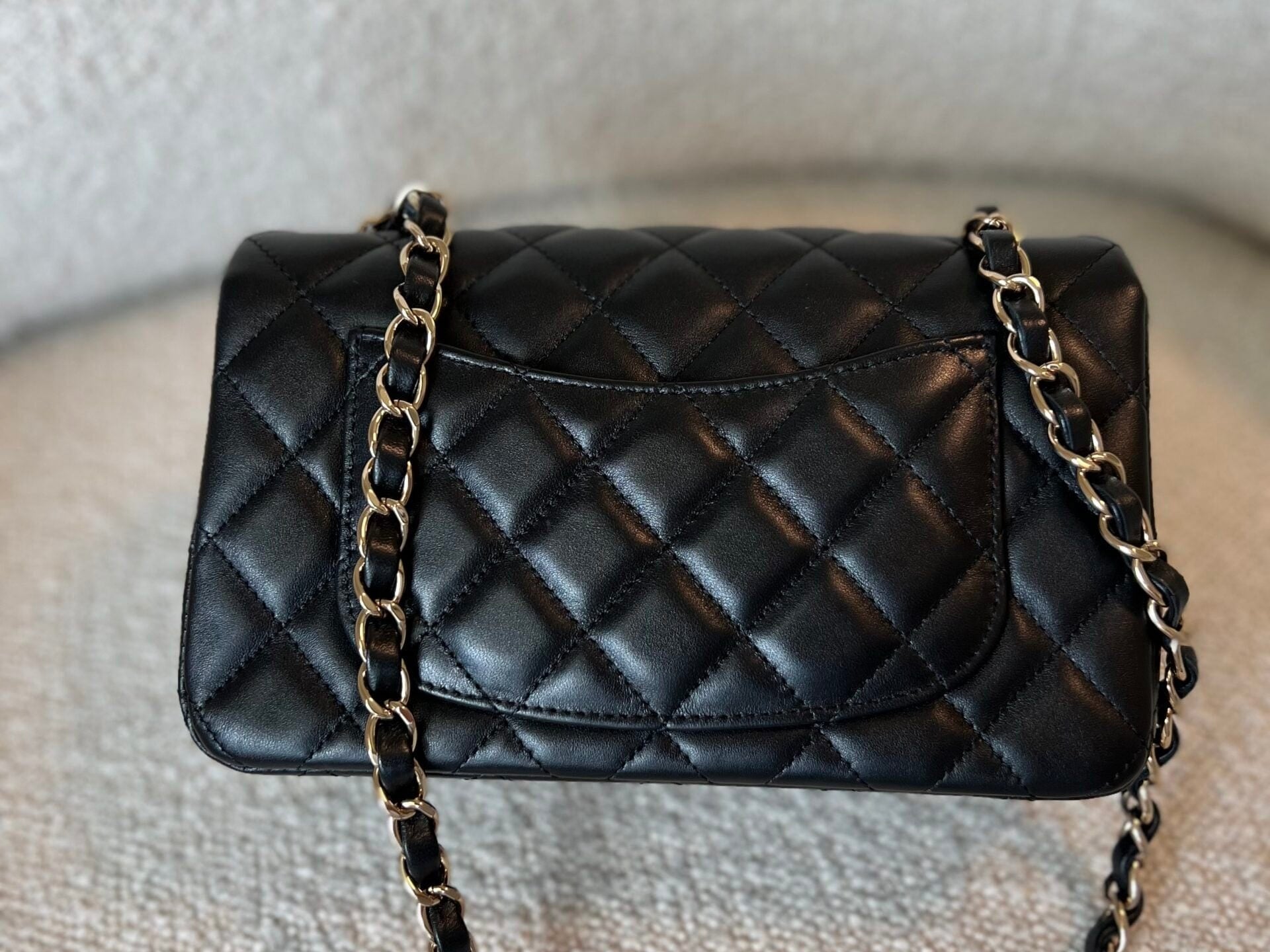 CHANEL Handbag 22S Black Lambskin Quilted Mini Rectangular Single Flap Light Gold Hardware - Redeluxe