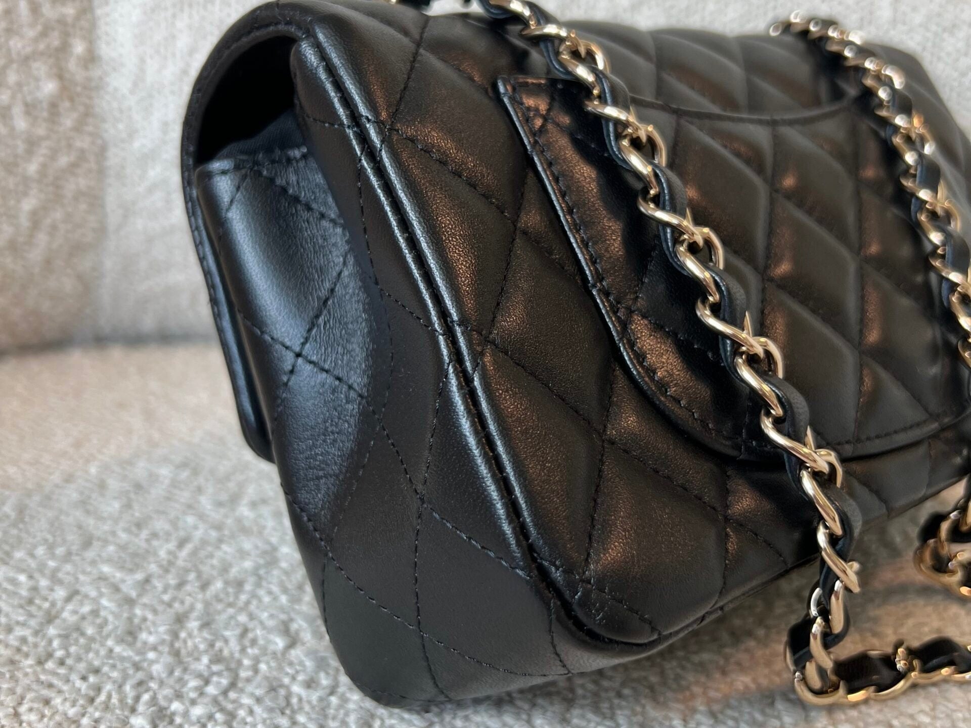 CHANEL Handbag 22S Black Lambskin Quilted Mini Rectangular Single Flap Light Gold Hardware - Redeluxe