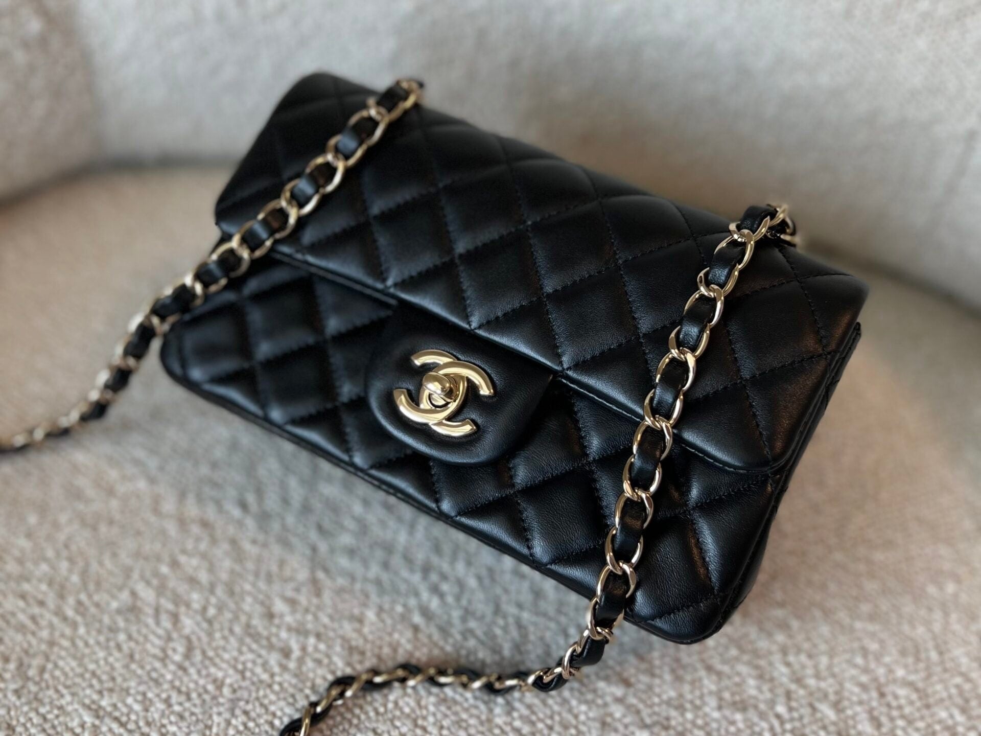 CHANEL Handbag 22S Black Lambskin Quilted Mini Rectangular Single Flap Light Gold Hardware - Redeluxe