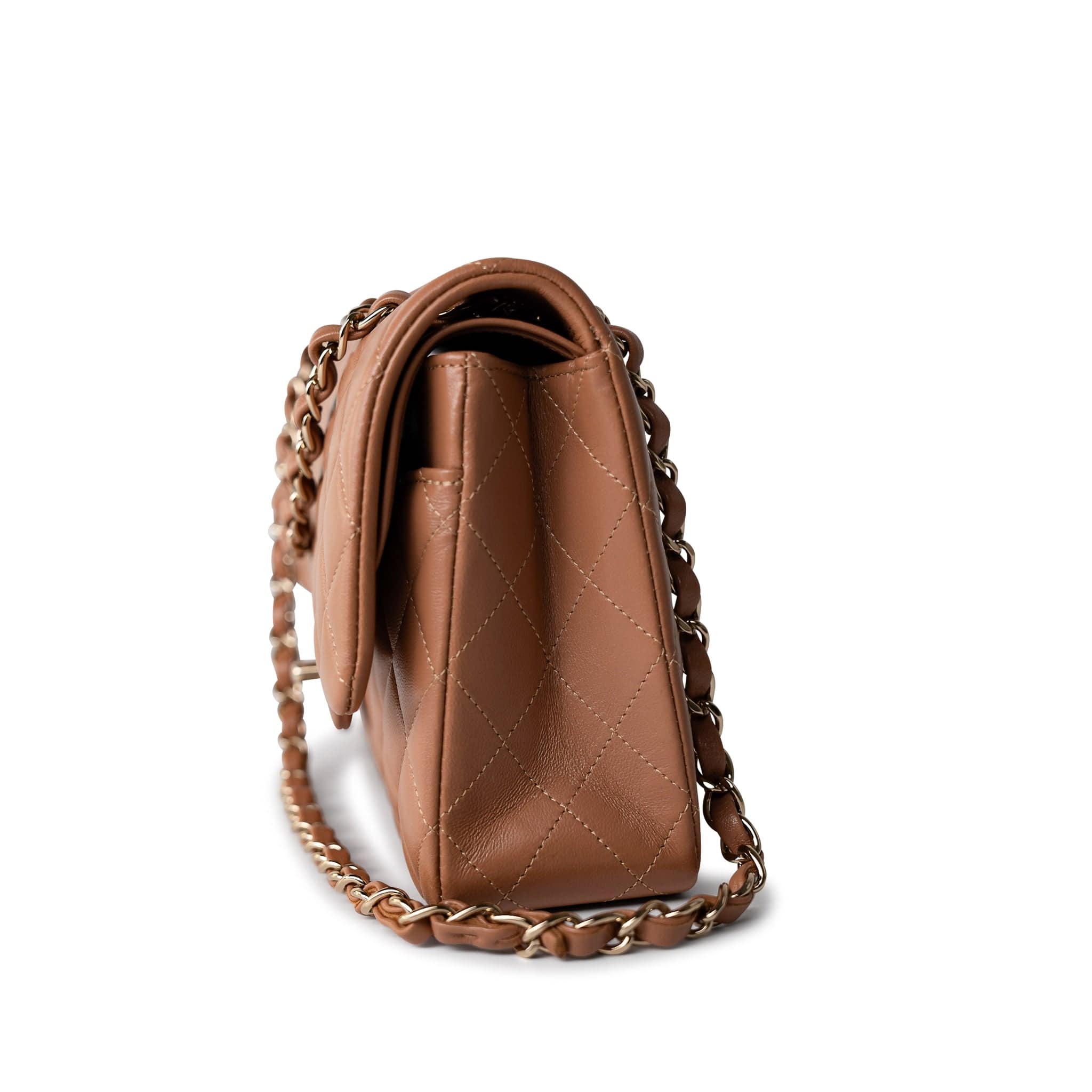 CHANEL Handbag 22S Caramel Lambskin Quilted Medium Classic Flap Light Gold Hardware - Redeluxe
