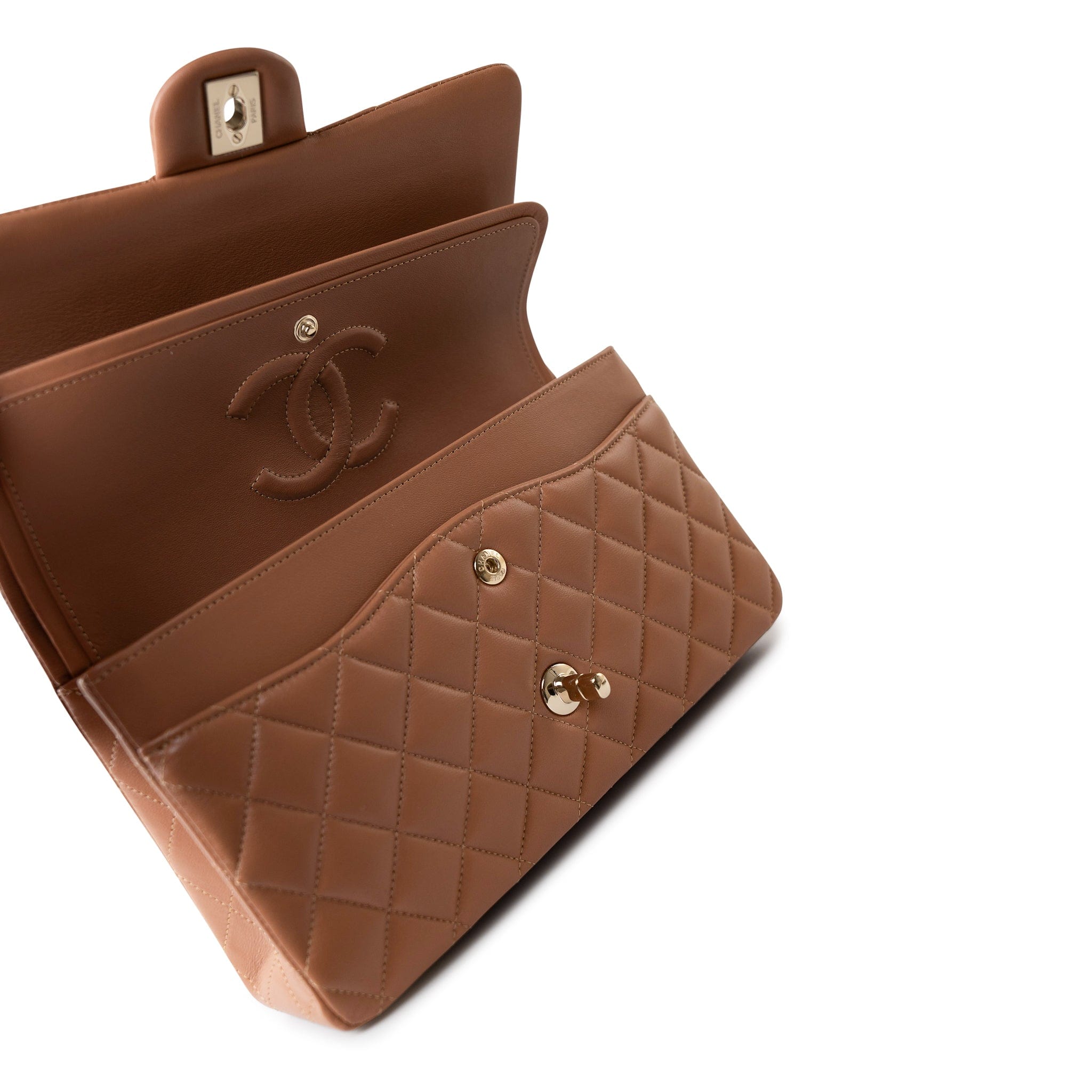 CHANEL Handbag 22S Caramel Lambskin Quilted Medium Classic Flap Light Gold Hardware - Redeluxe