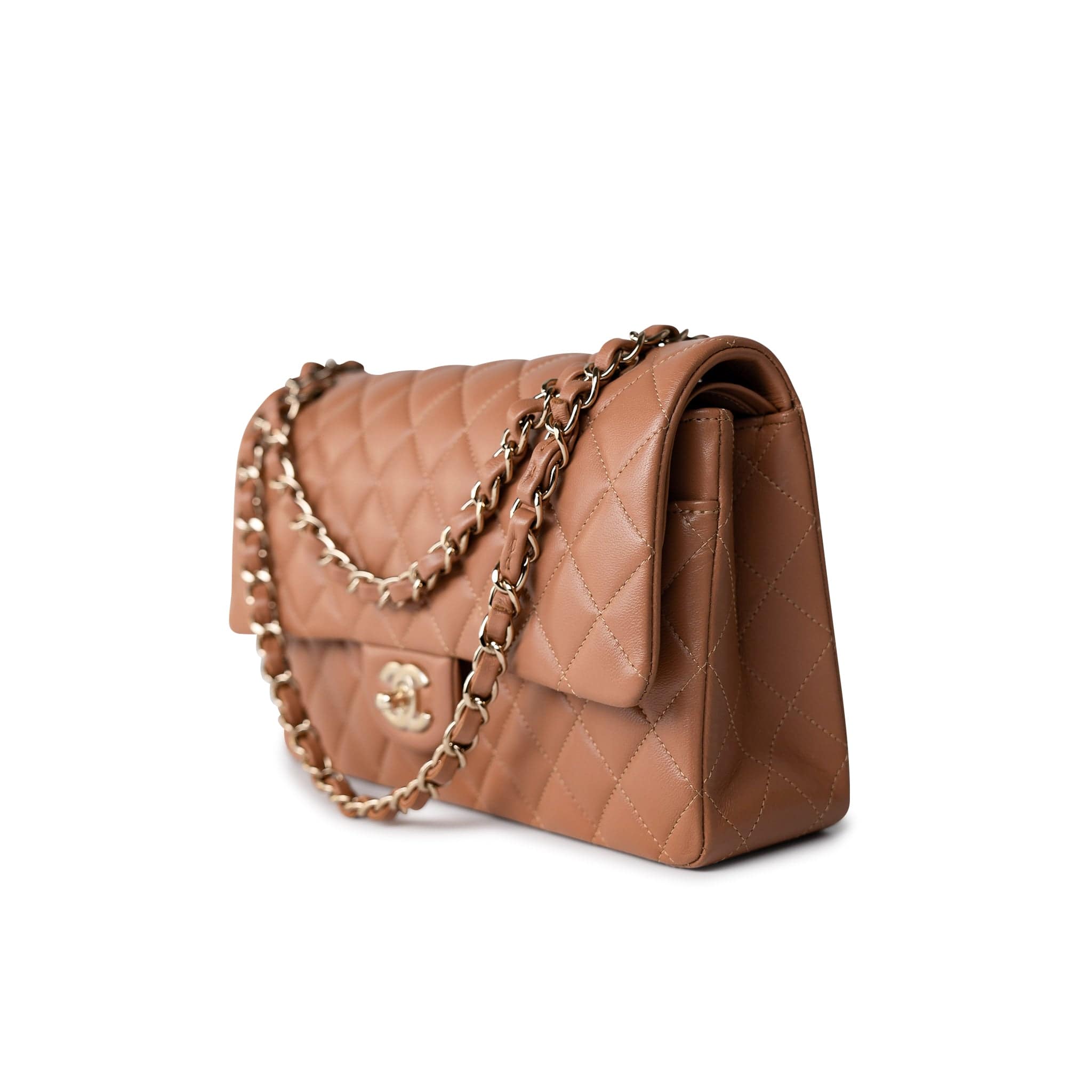 CHANEL Handbag 22S Caramel Lambskin Quilted Medium Classic Flap Light Gold Hardware - Redeluxe