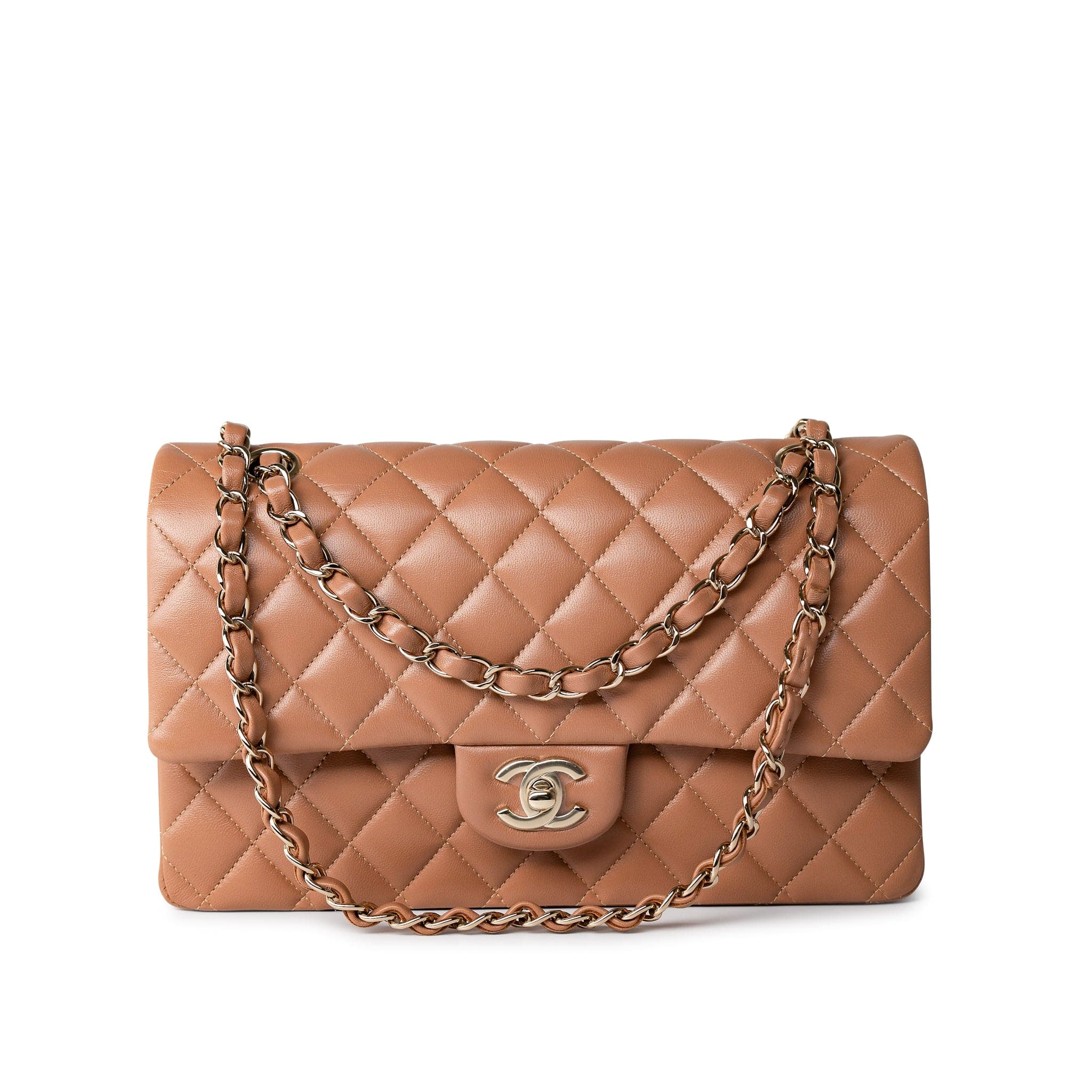 CHANEL Handbag 22S Caramel Lambskin Quilted Medium Classic Flap Light Gold Hardware - Redeluxe