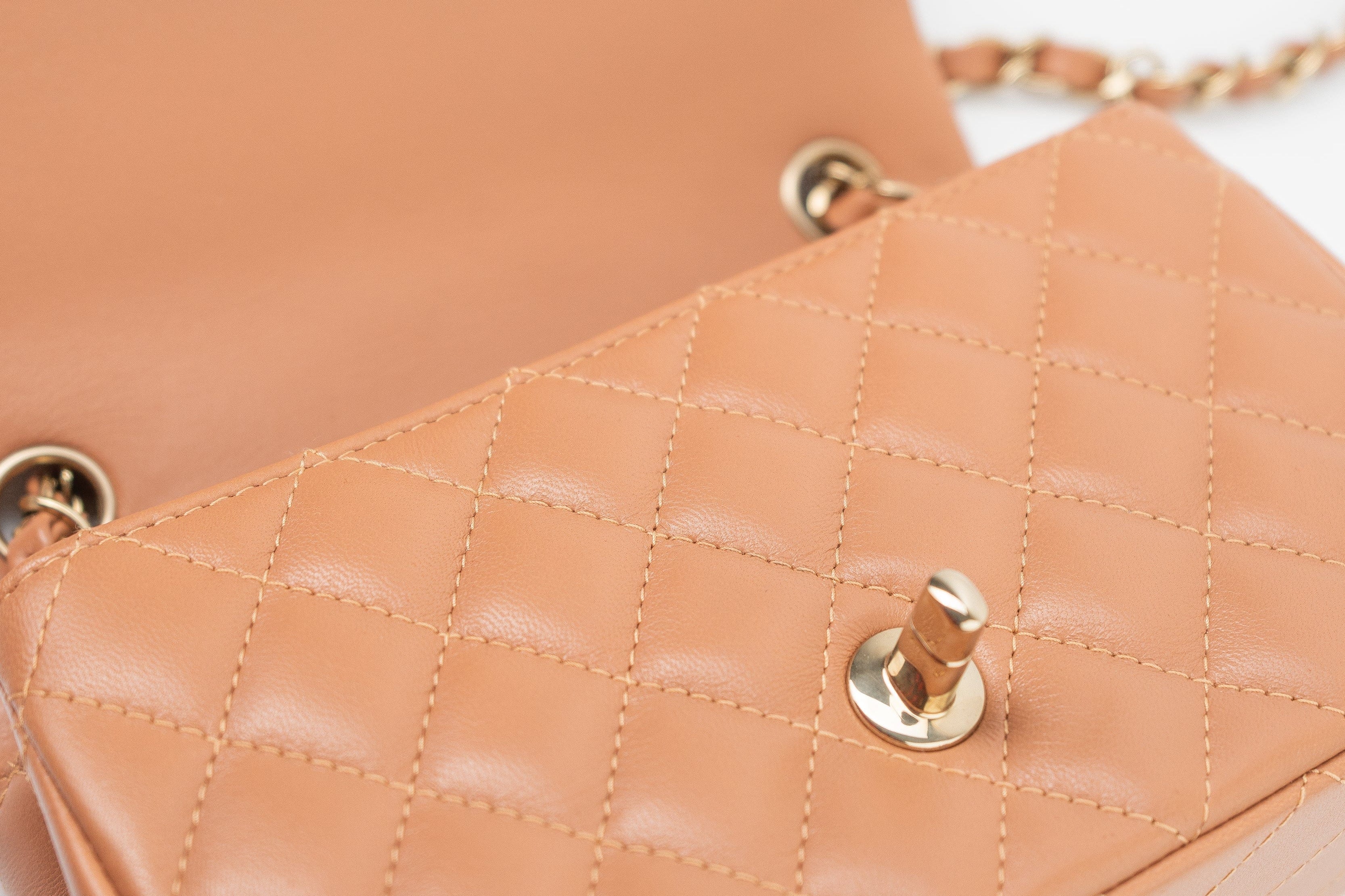 CHANEL Handbag 22S Caramel Mini Rectangular Lambskin Quilted LGHW - Redeluxe