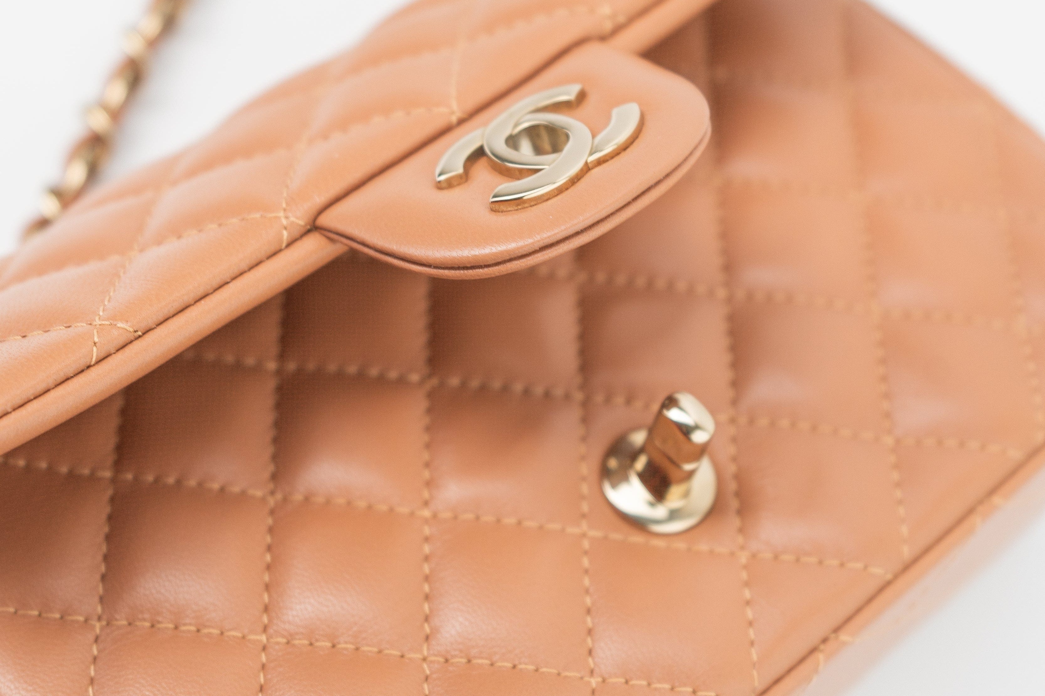 CHANEL Handbag 22S Caramel Mini Rectangular Lambskin Quilted LGHW - Redeluxe