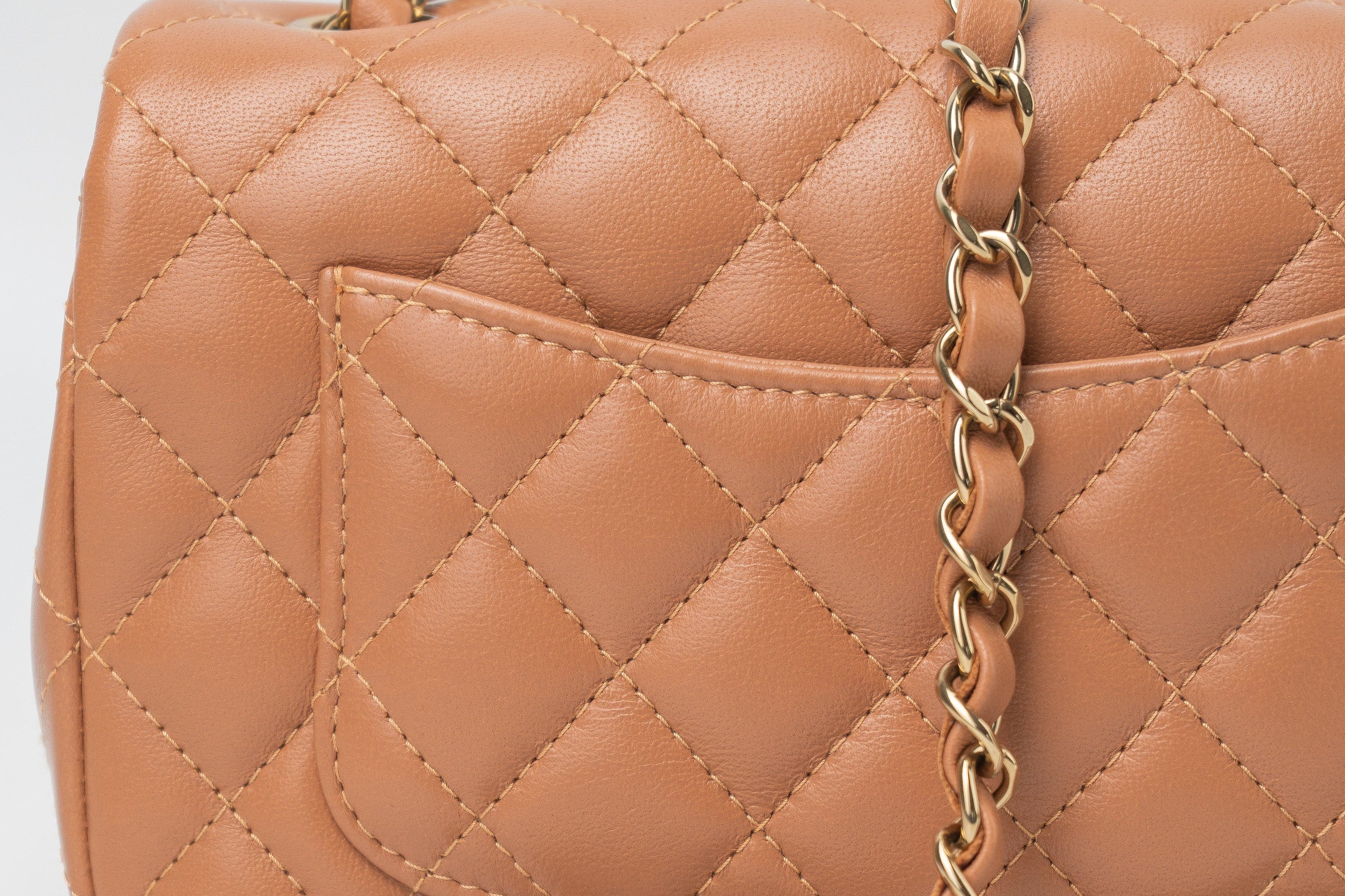CHANEL Handbag 22S Caramel Mini Rectangular Lambskin Quilted LGHW - Redeluxe