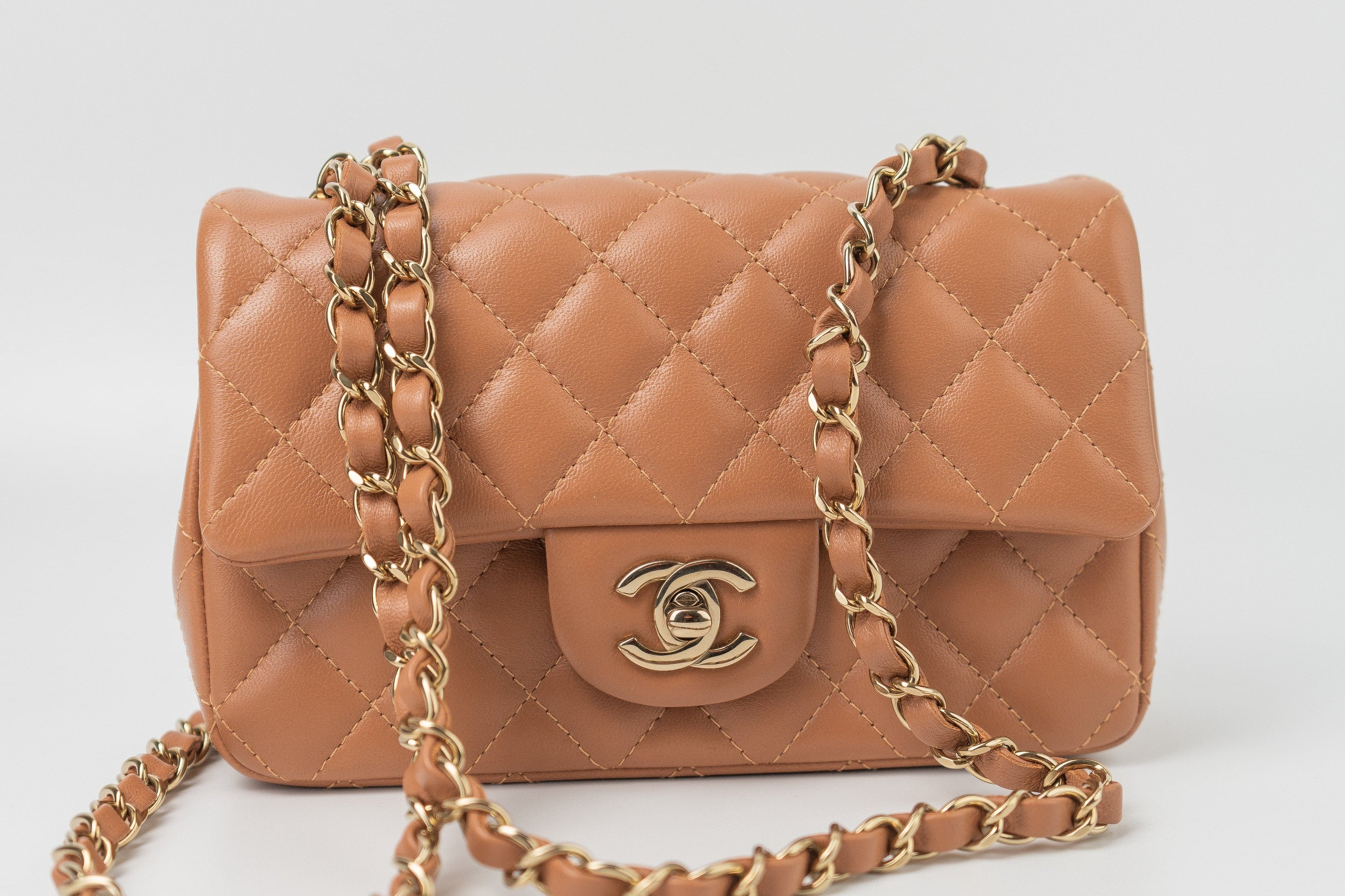 CHANEL Handbag 22S Caramel Mini Rectangular Lambskin Quilted LGHW - Redeluxe