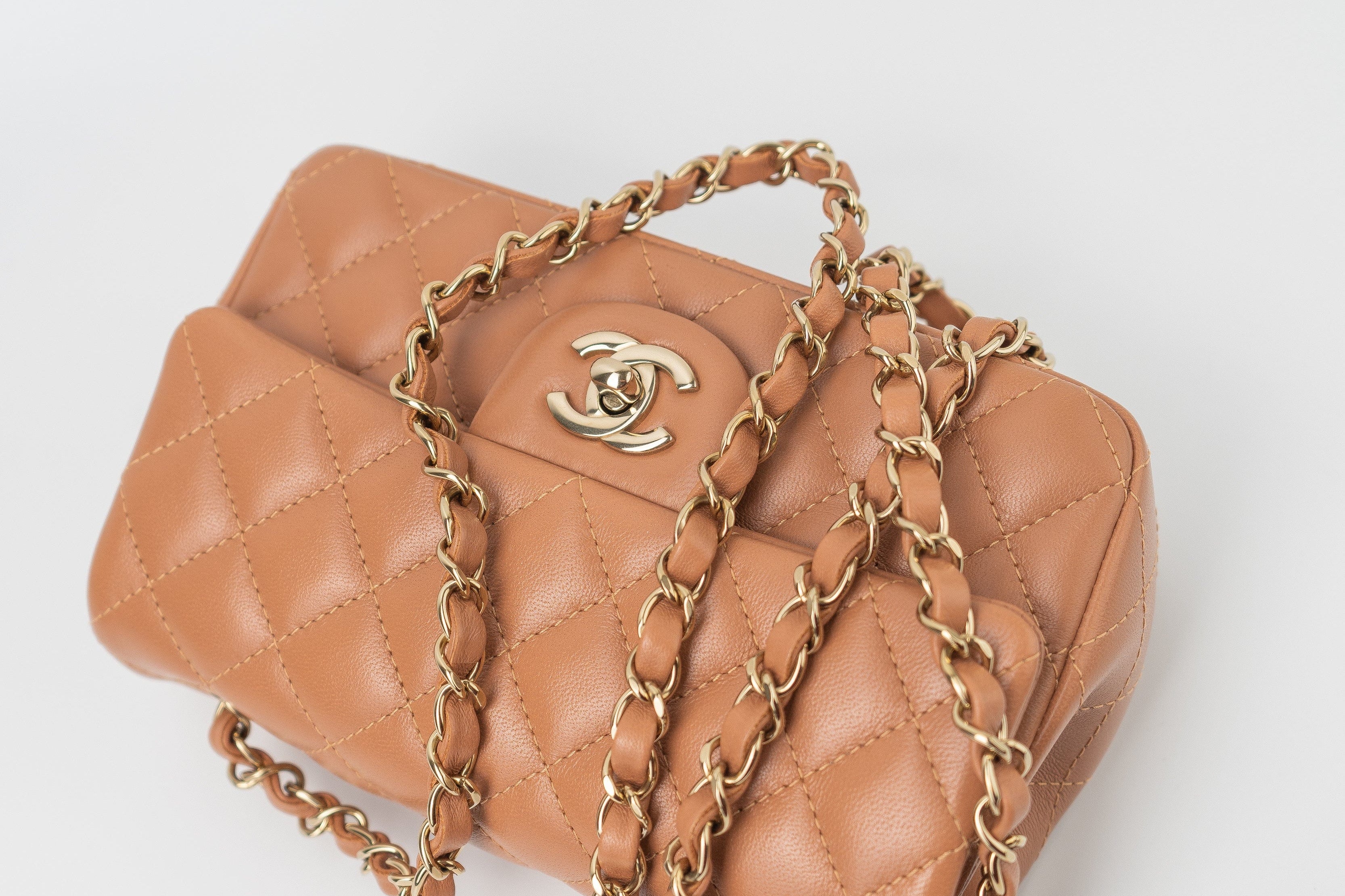 CHANEL Handbag 22S Caramel Mini Rectangular Lambskin Quilted LGHW - Redeluxe