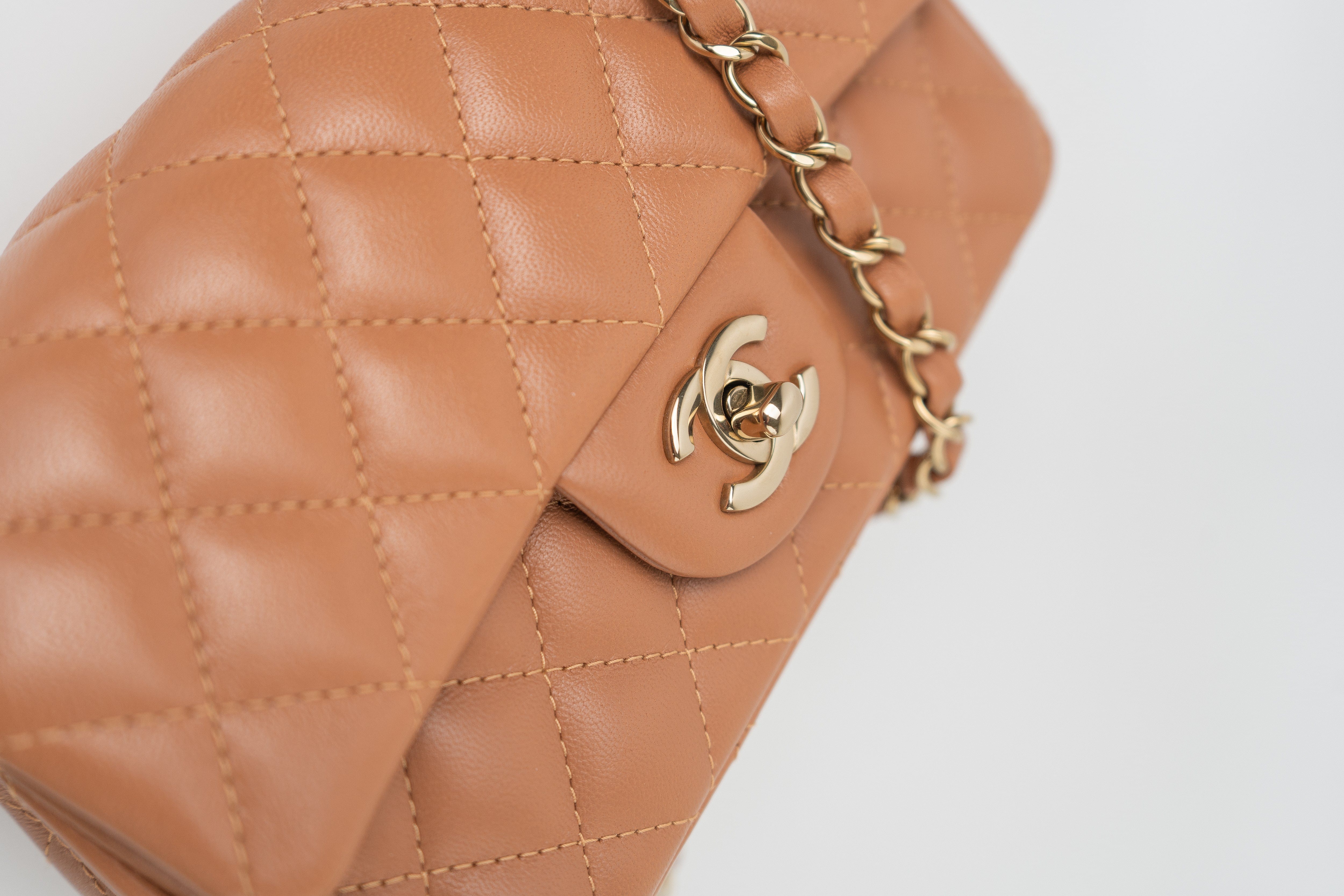 CHANEL Handbag 22S Caramel Mini Rectangular Lambskin Quilted LGHW - Redeluxe