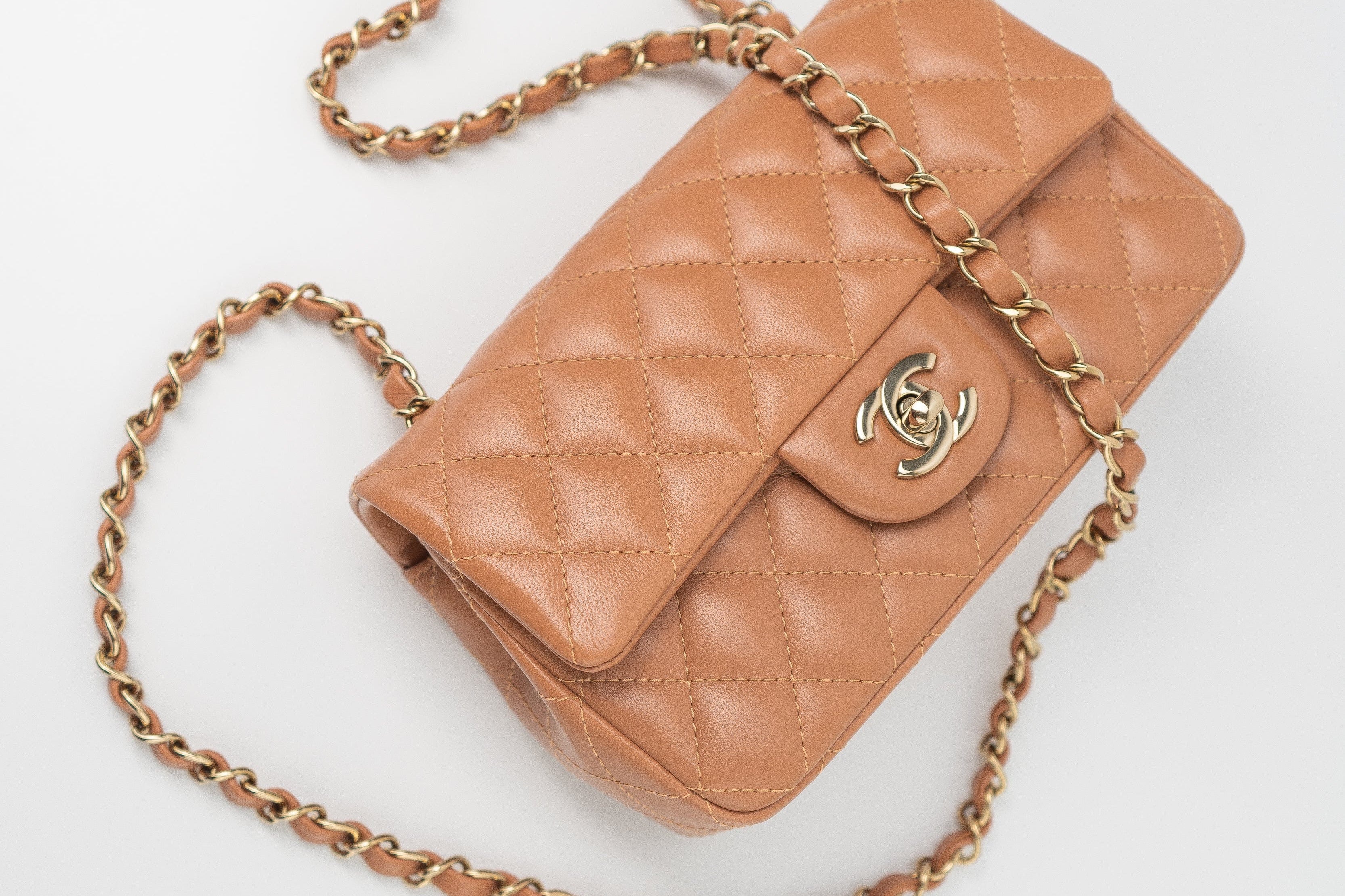 CHANEL Handbag 22S Caramel Mini Rectangular Lambskin Quilted LGHW - Redeluxe