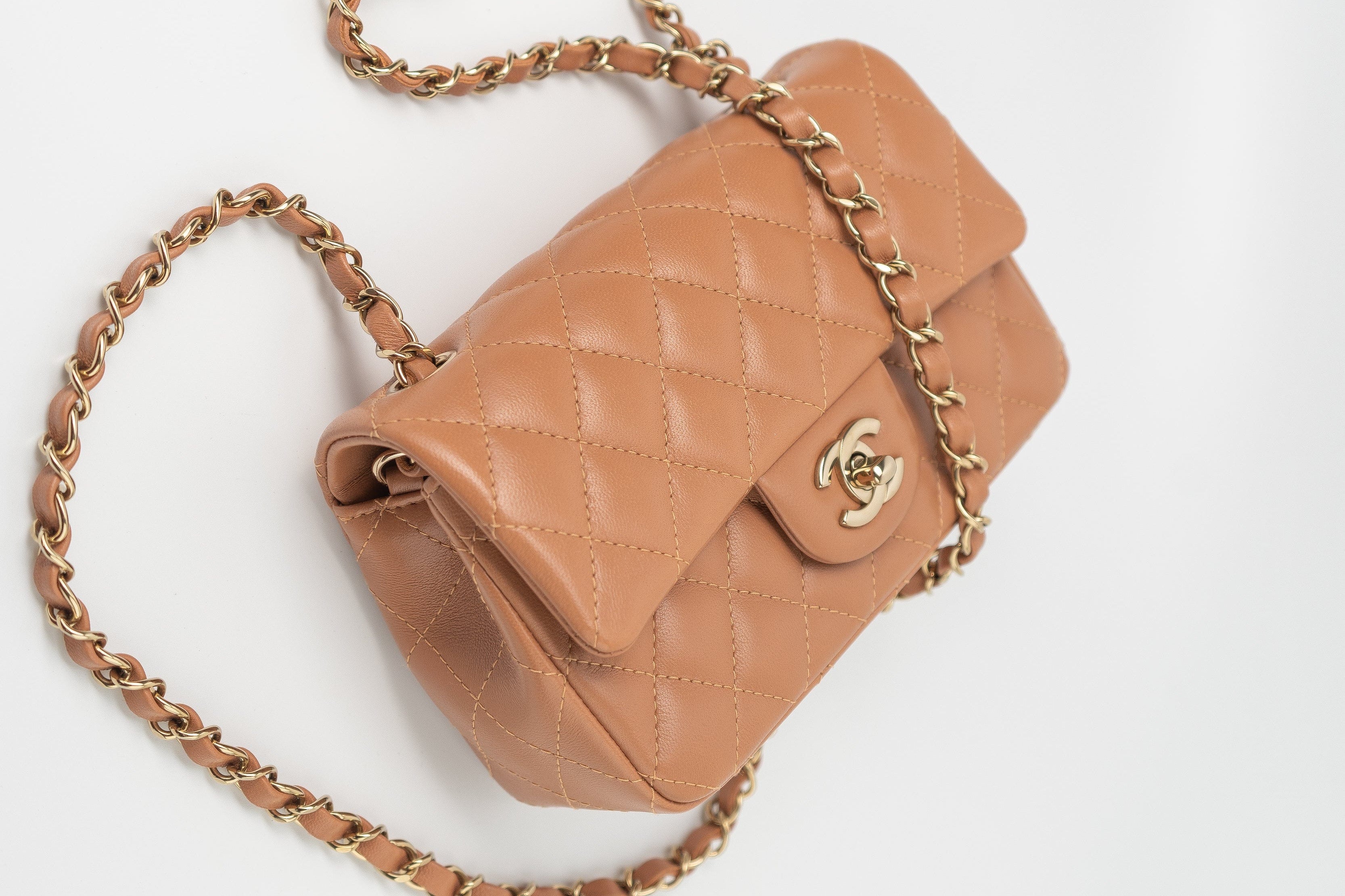 CHANEL Handbag 22S Caramel Mini Rectangular Lambskin Quilted LGHW - Redeluxe