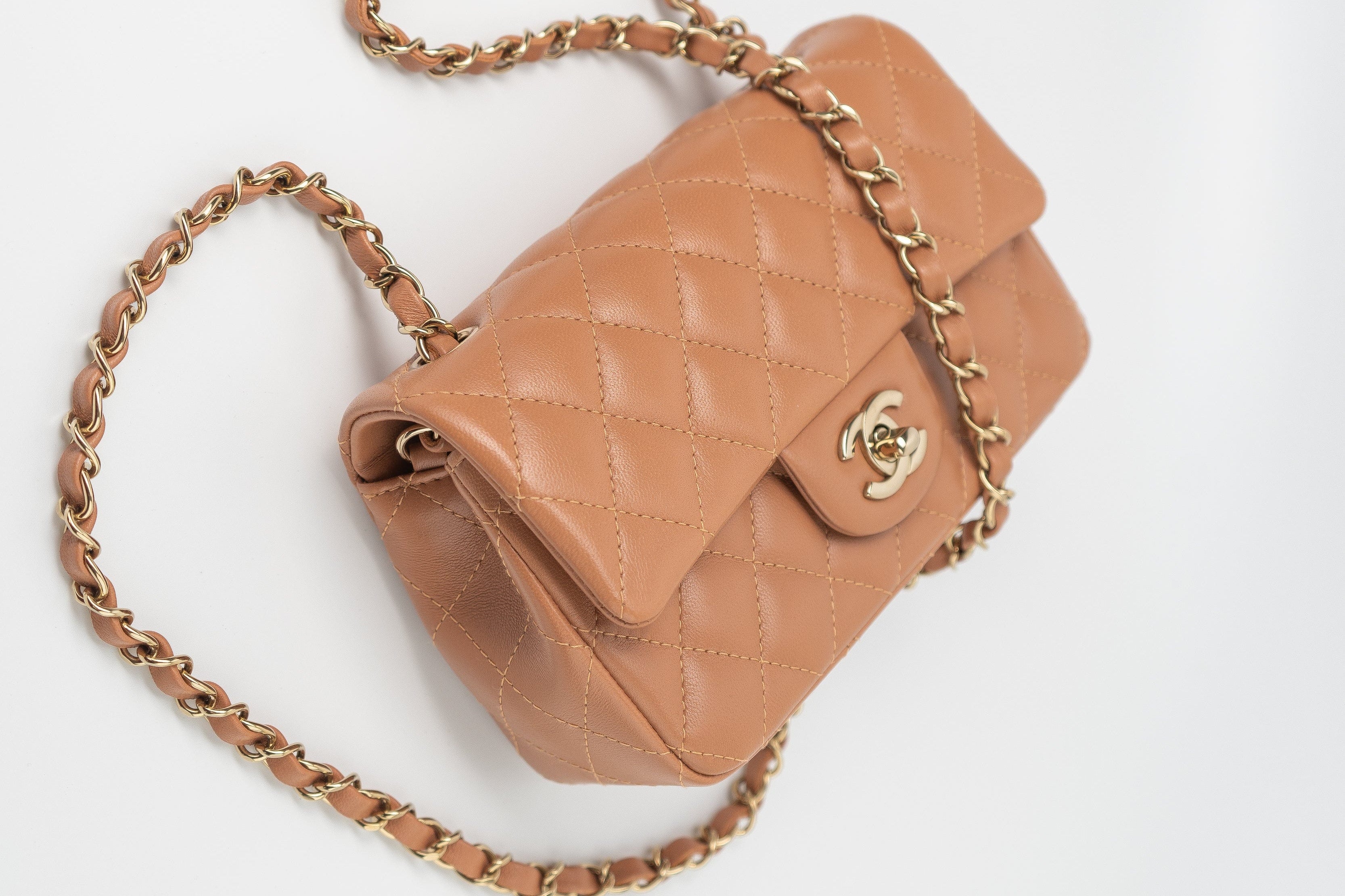 CHANEL Handbag 22S Caramel Mini Rectangular Lambskin Quilted LGHW - Redeluxe