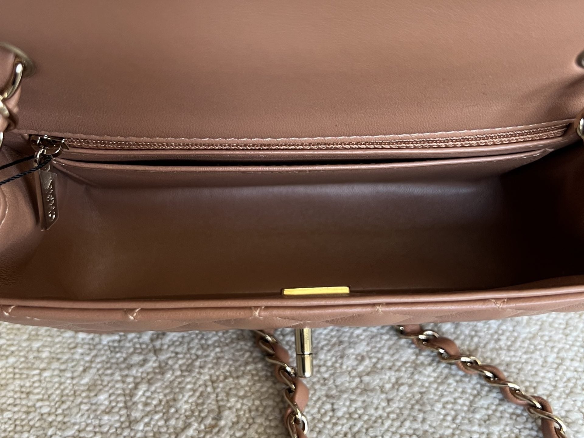 CHANEL Handbag 22S Caramel Mini Rectangular Lambskin Quilted LGHW - Redeluxe