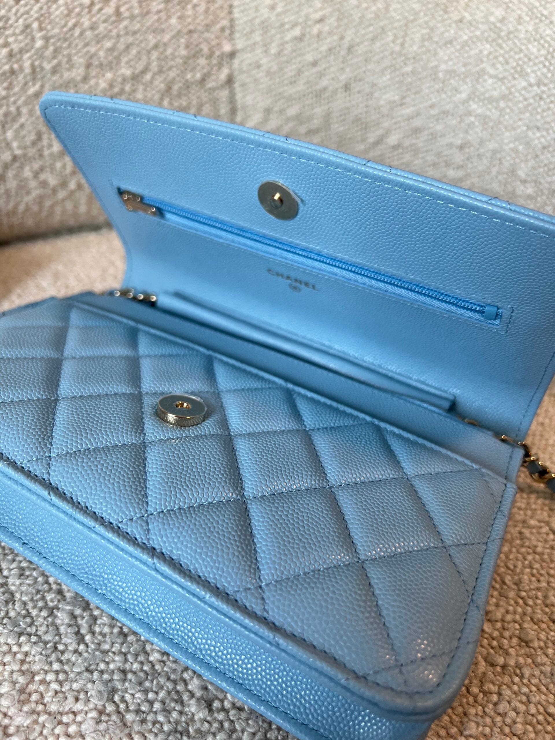 22S Light Blue Caviar Quilted Wallet On Chain (WOC) – REDELUXE