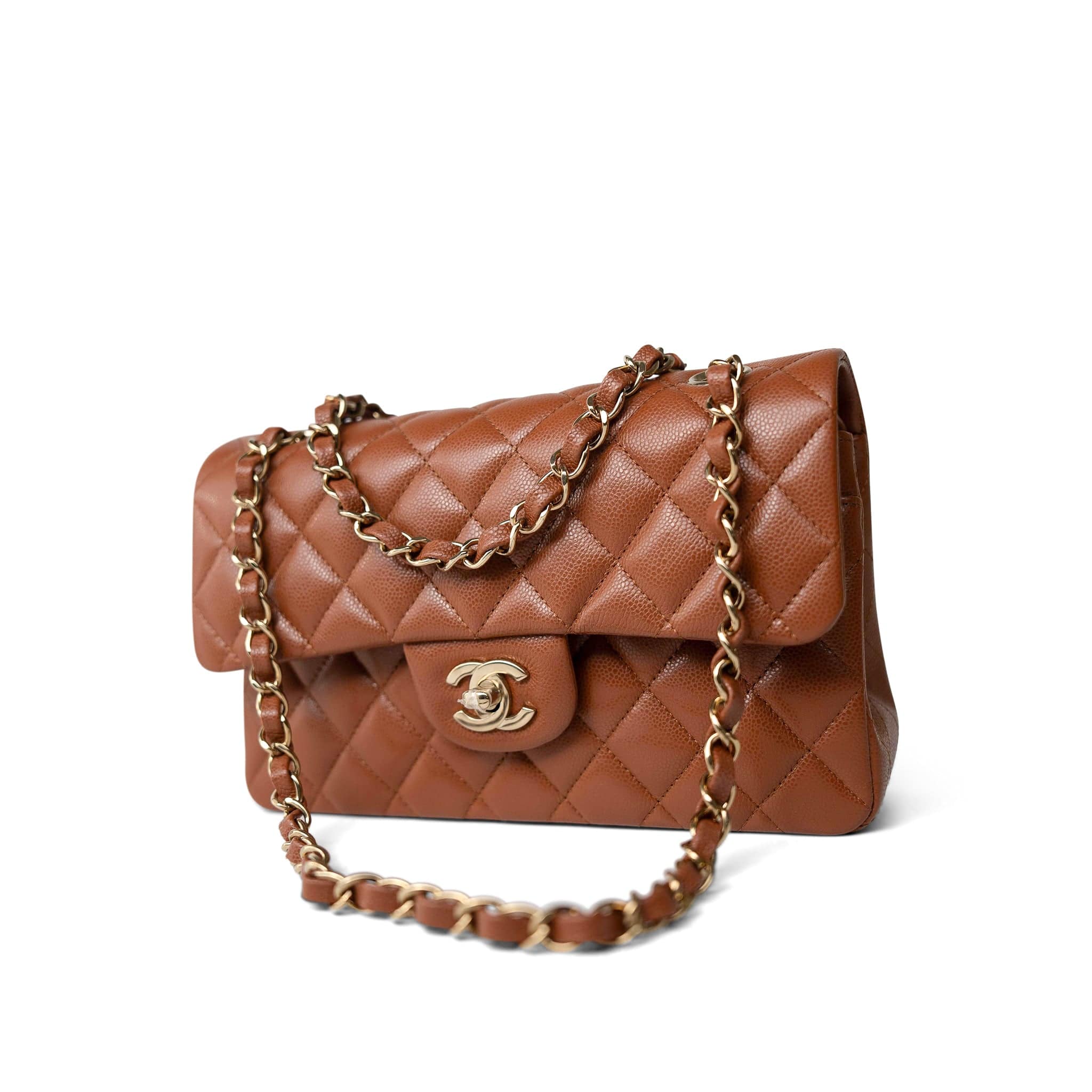 CHANEL Handbag 23A Light Brown Caviar Quilted Classic Flap Small Light Gold Hardware - Redeluxe