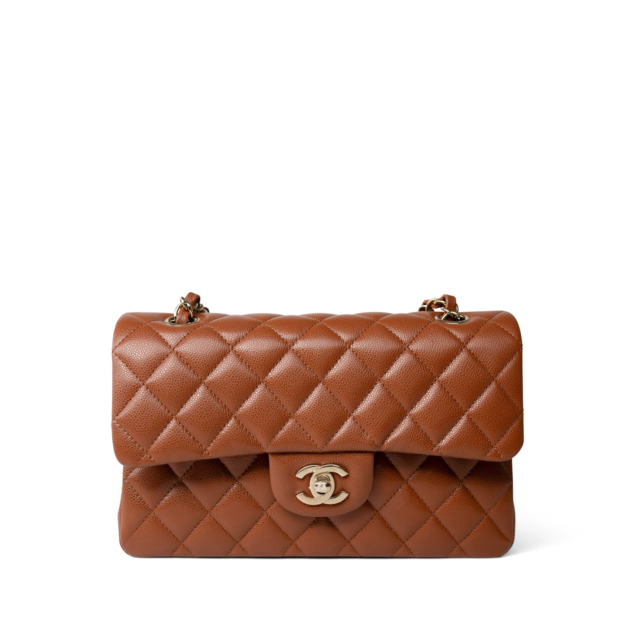 CHANEL Handbag 23A Light Brown Caviar Quilted Classic Flap Small Light Gold Hardware - Redeluxe