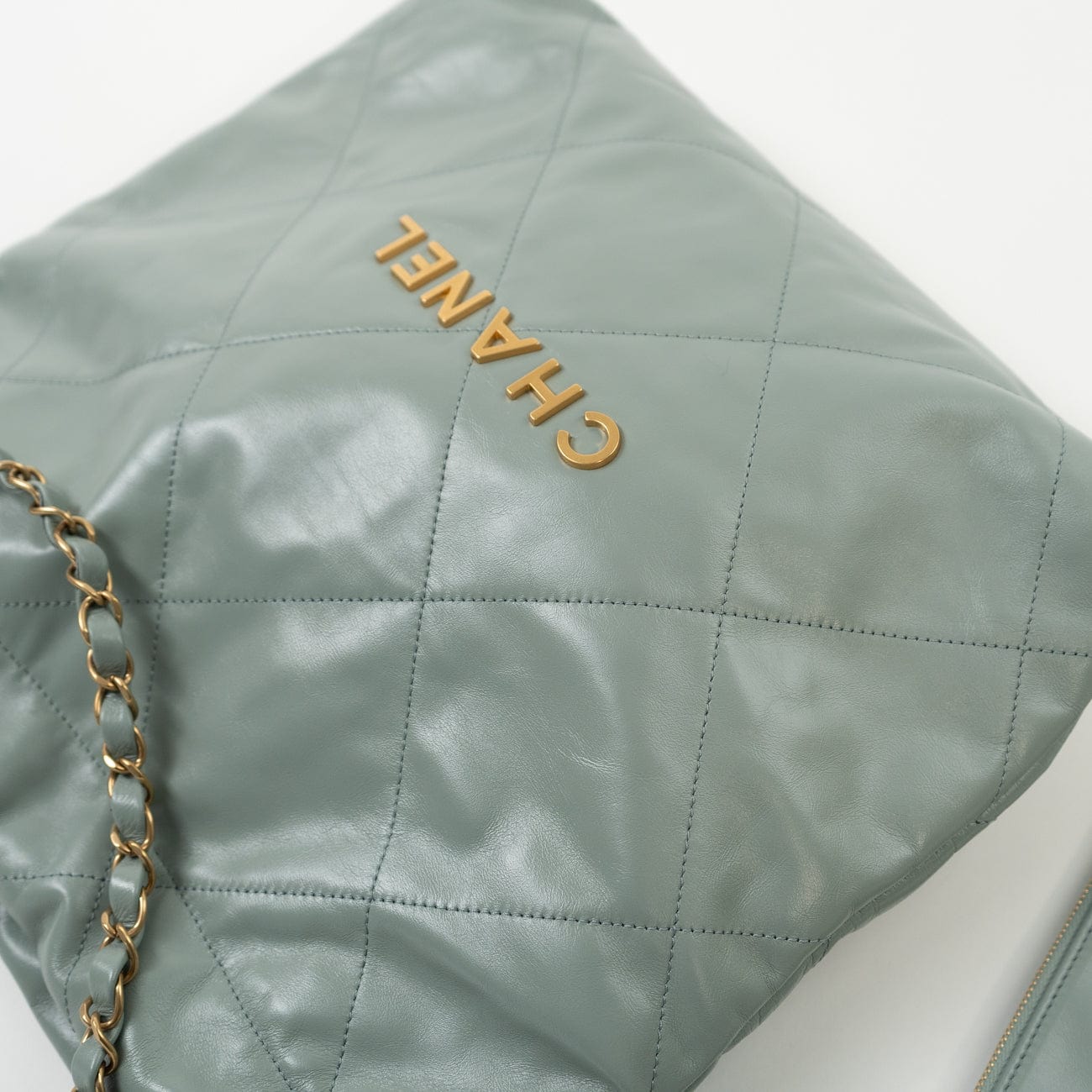 CHANEL Handbag 23C Small Grey green Calfskin Quilted 22 Drawstring Bag - Redeluxe