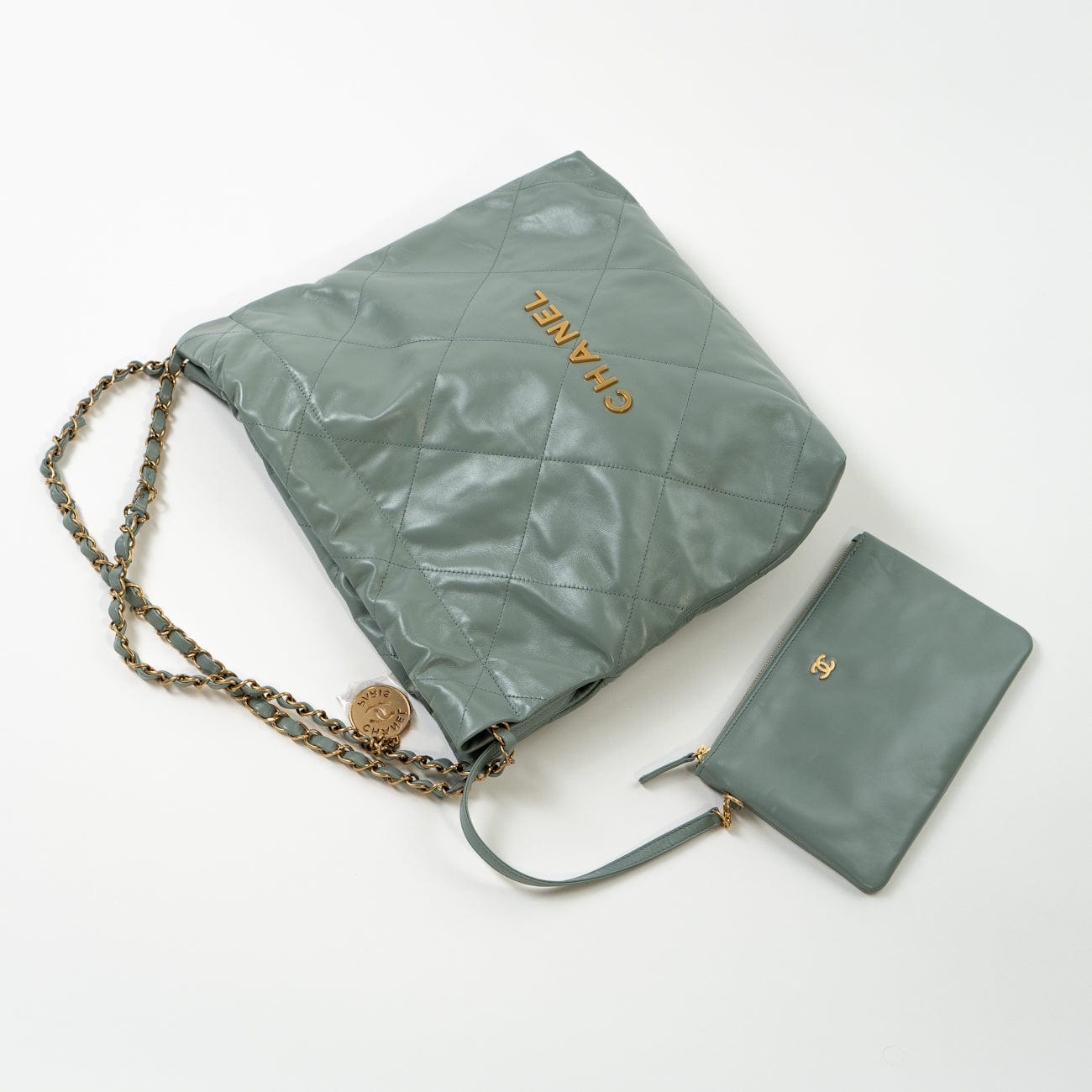 CHANEL Handbag 23C Small Grey green Calfskin Quilted 22 Drawstring Bag - Redeluxe
