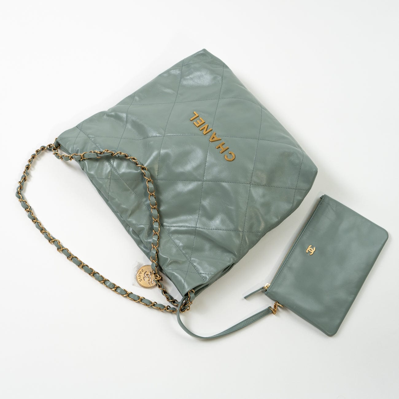 CHANEL Handbag 23C Small Grey green Calfskin Quilted 22 Drawstring Bag - Redeluxe