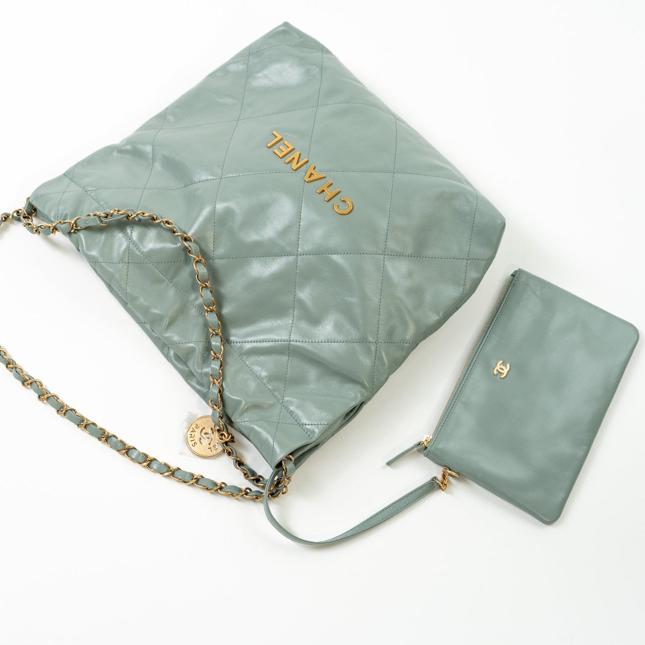 Exclusive CHANEL Grey-Green Quilted Drawstring Bag 22