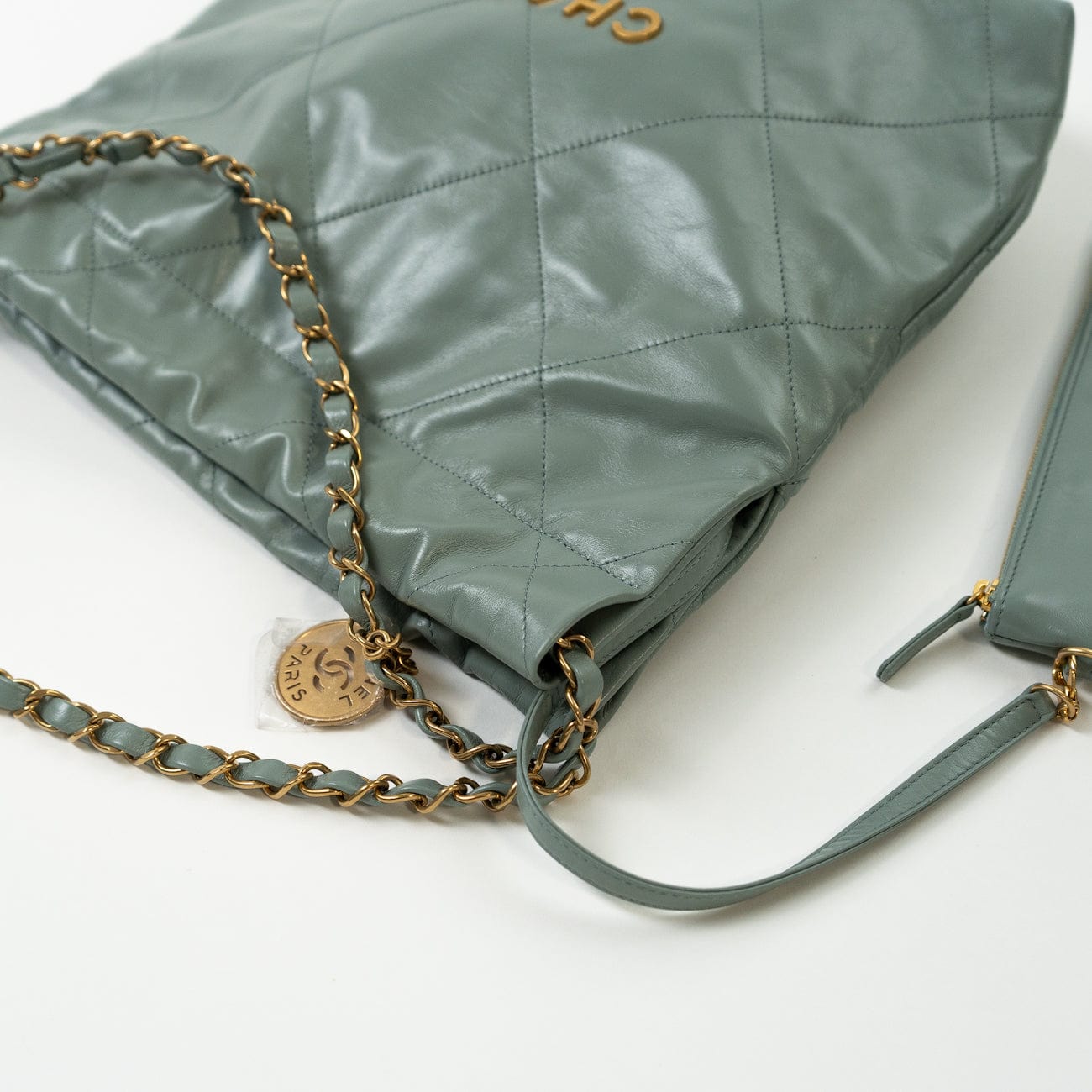 CHANEL Handbag 23C Small Grey green Calfskin Quilted 22 Drawstring Bag - Redeluxe