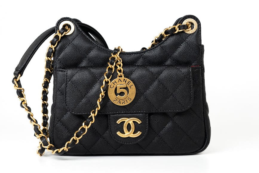 CHANEL Handbag 23P Black Caviar Quilted Hobo Bag Small Antique Gold Hardware - Redeluxe