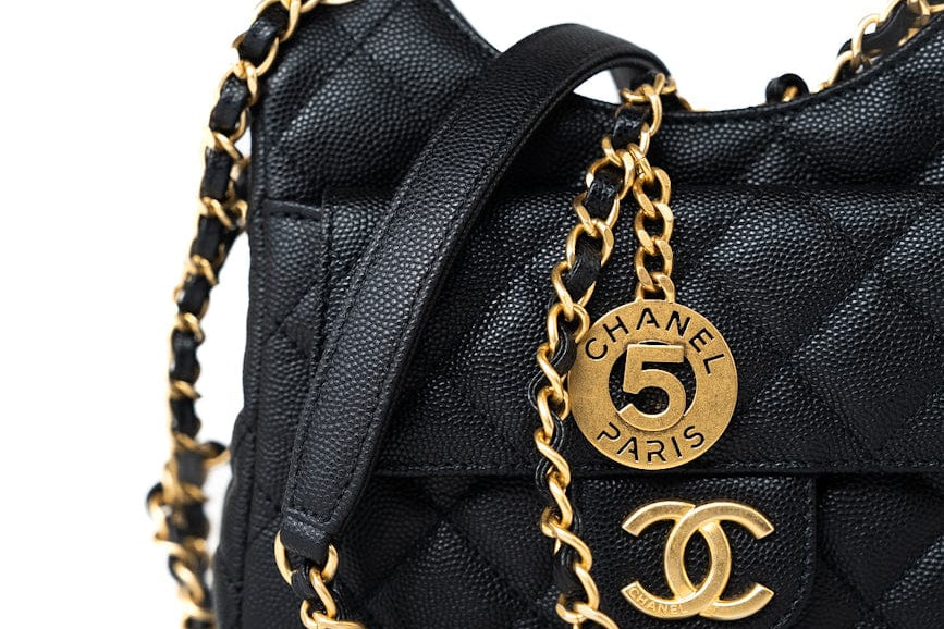 CHANEL Handbag 23P Black Caviar Quilted Hobo Bag Small Antique Gold Hardware - Redeluxe