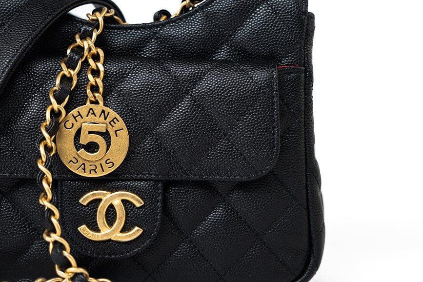 CHANEL Handbag 23P Black Caviar Quilted Hobo Bag Small Antique Gold Hardware - Redeluxe