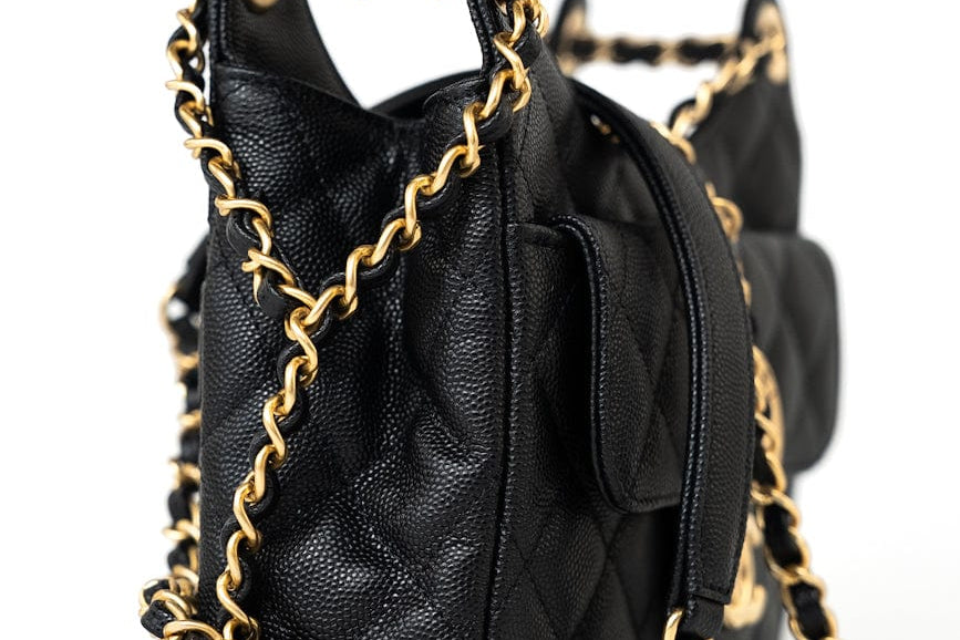 CHANEL Handbag 23P Black Caviar Quilted Hobo Bag Small Antique Gold Hardware - Redeluxe