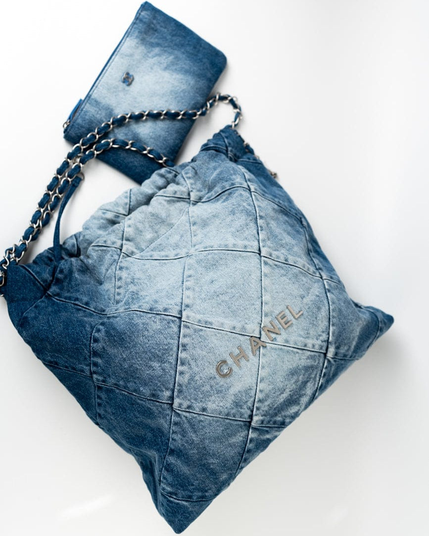 CHANEL Handbag 23P Denim Quilted 22 Drawstring Bag Medium - Redeluxe