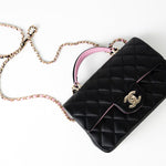 CHANEL Handbag 23P Mini Top Handle Black/Pink Lambskin Quilted w/ Light Gold Hardware - Redeluxe